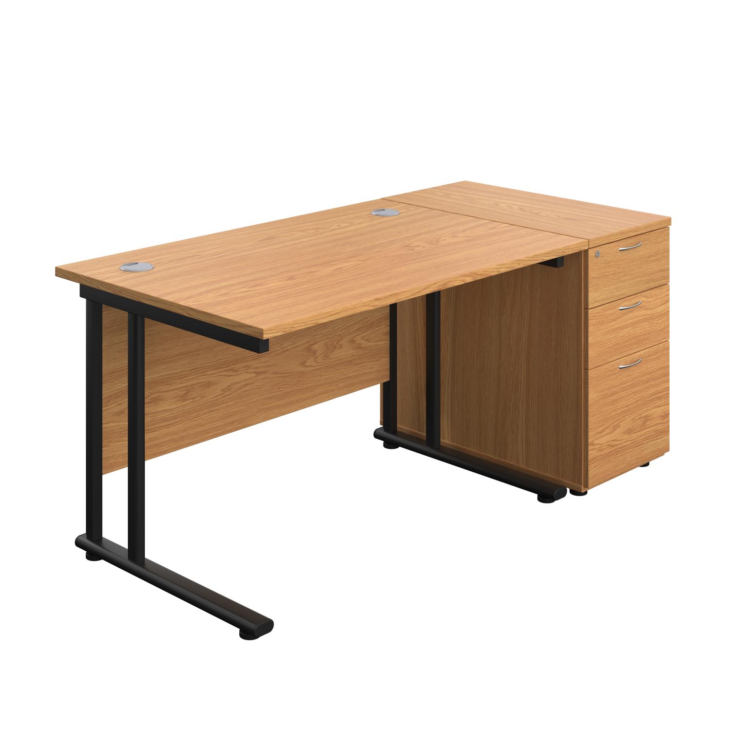Twin Upright Rectangular Desk + Desk High 3 Drawer Pedestal  1200X800 Nova Oak/Black