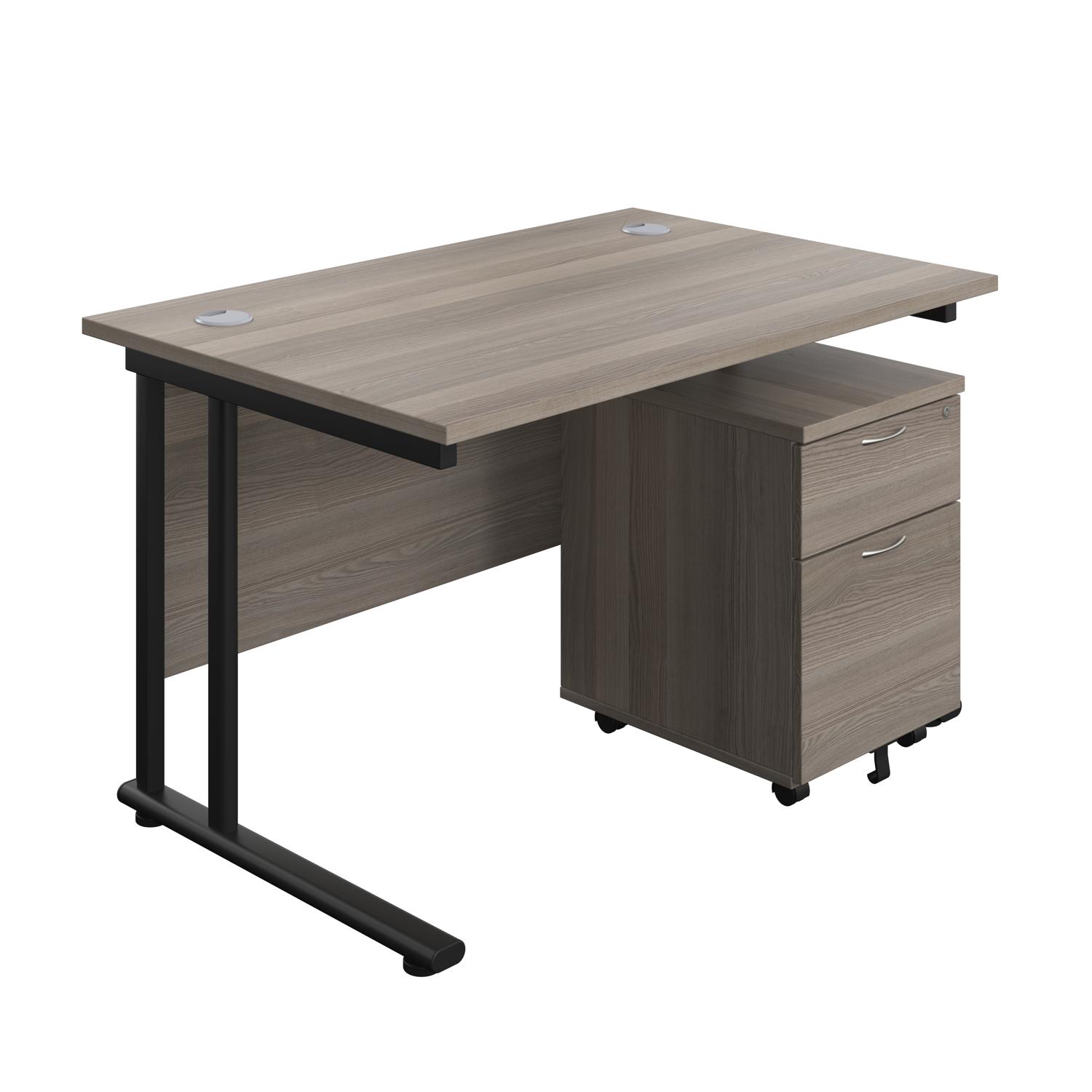 Twin Upright Rectangular Desk + Mobile 2 Drawer Pedestal  1200X800 Grey Oak/Black