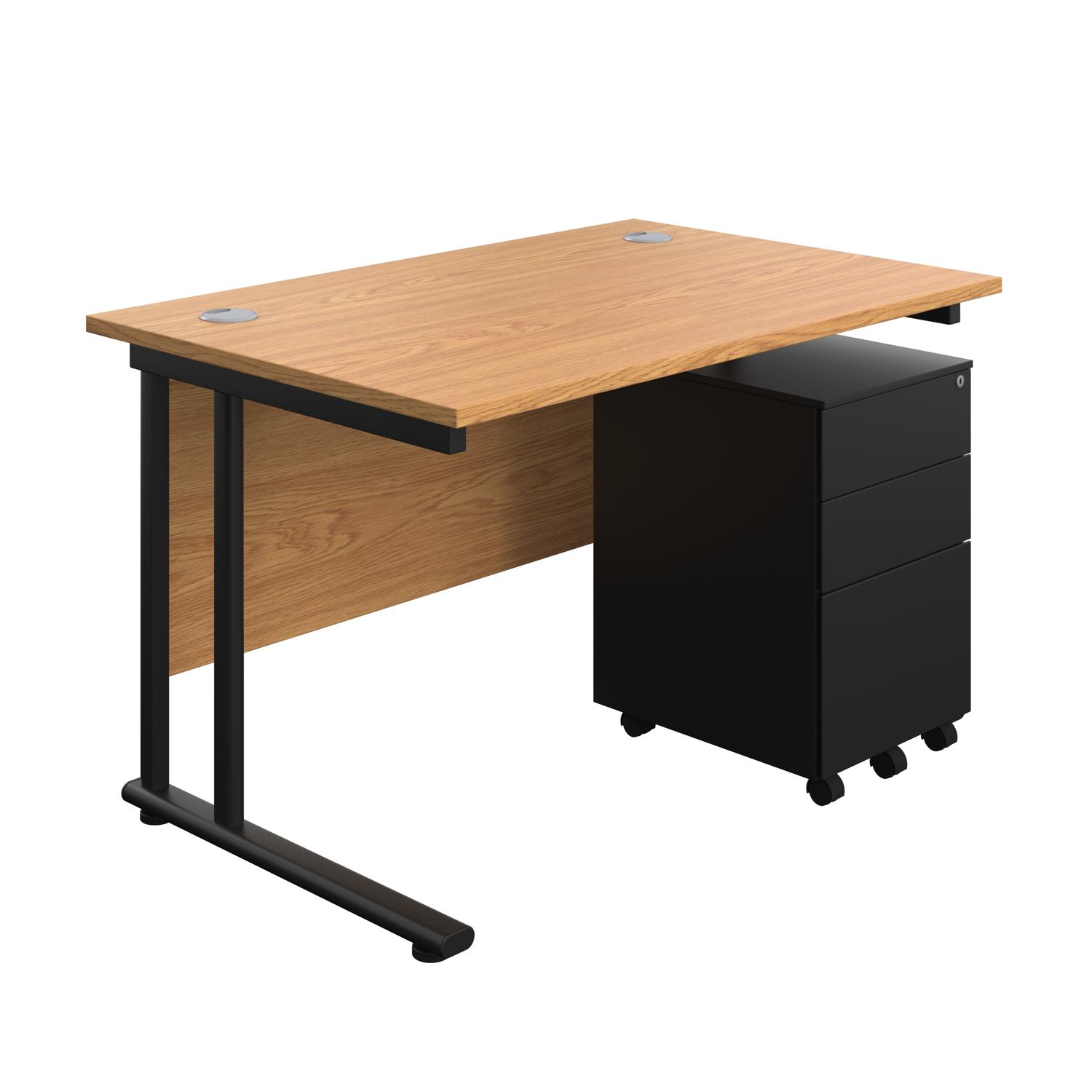 Twin Upright Rectangular Desk + Under Desk Steel Pedestal 3 Drawers  1200X800 Nova Oak/Black