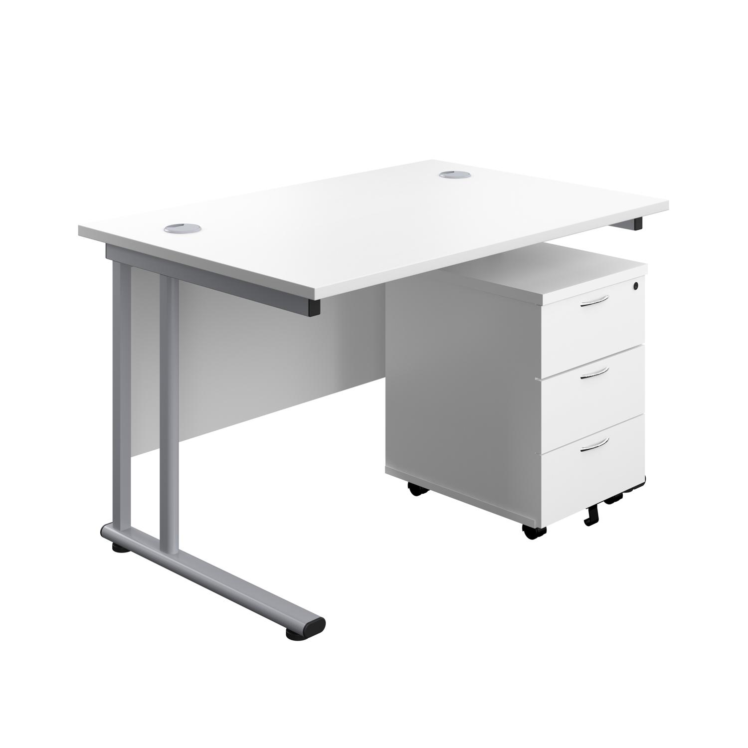 Twin Upright Rectangular Desk + Mobile 3 Drawer Pedestal  1200X800 White/Silver