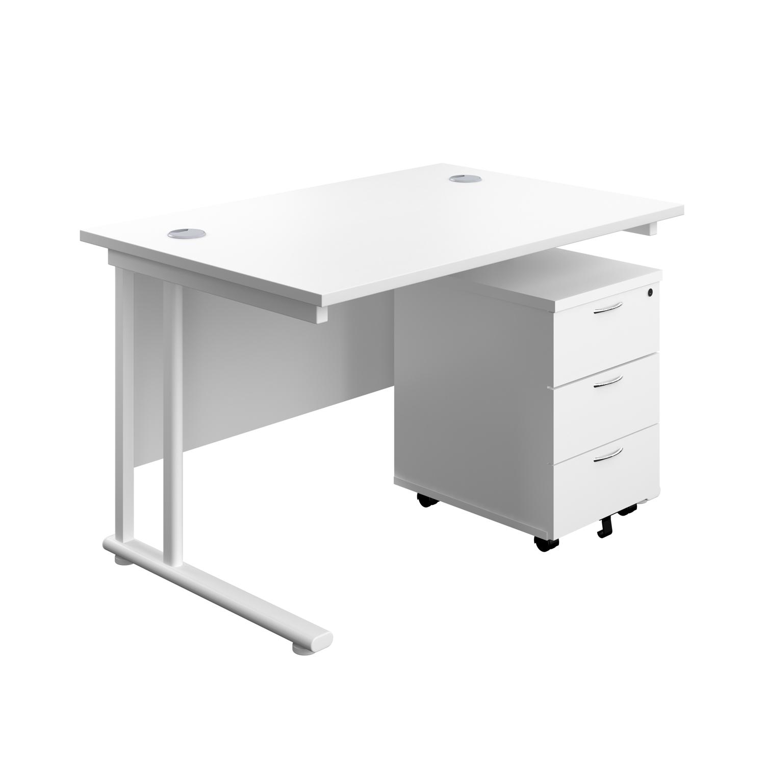 Twin Upright Rectangular Desk + Mobile 3 Drawer Pedestal  1200X800 White/White