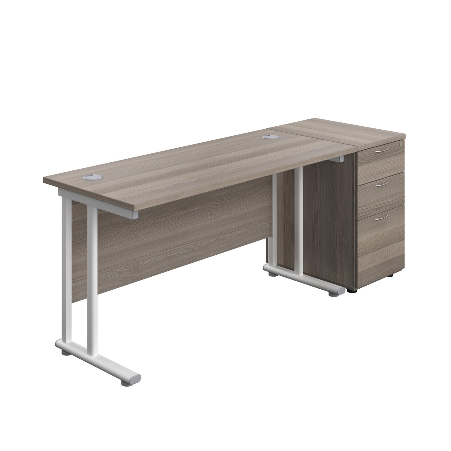 Twin Upright Rectangular Desk + Desk High 3 Drawer Pedestal  1400X600 Grey Oak/White