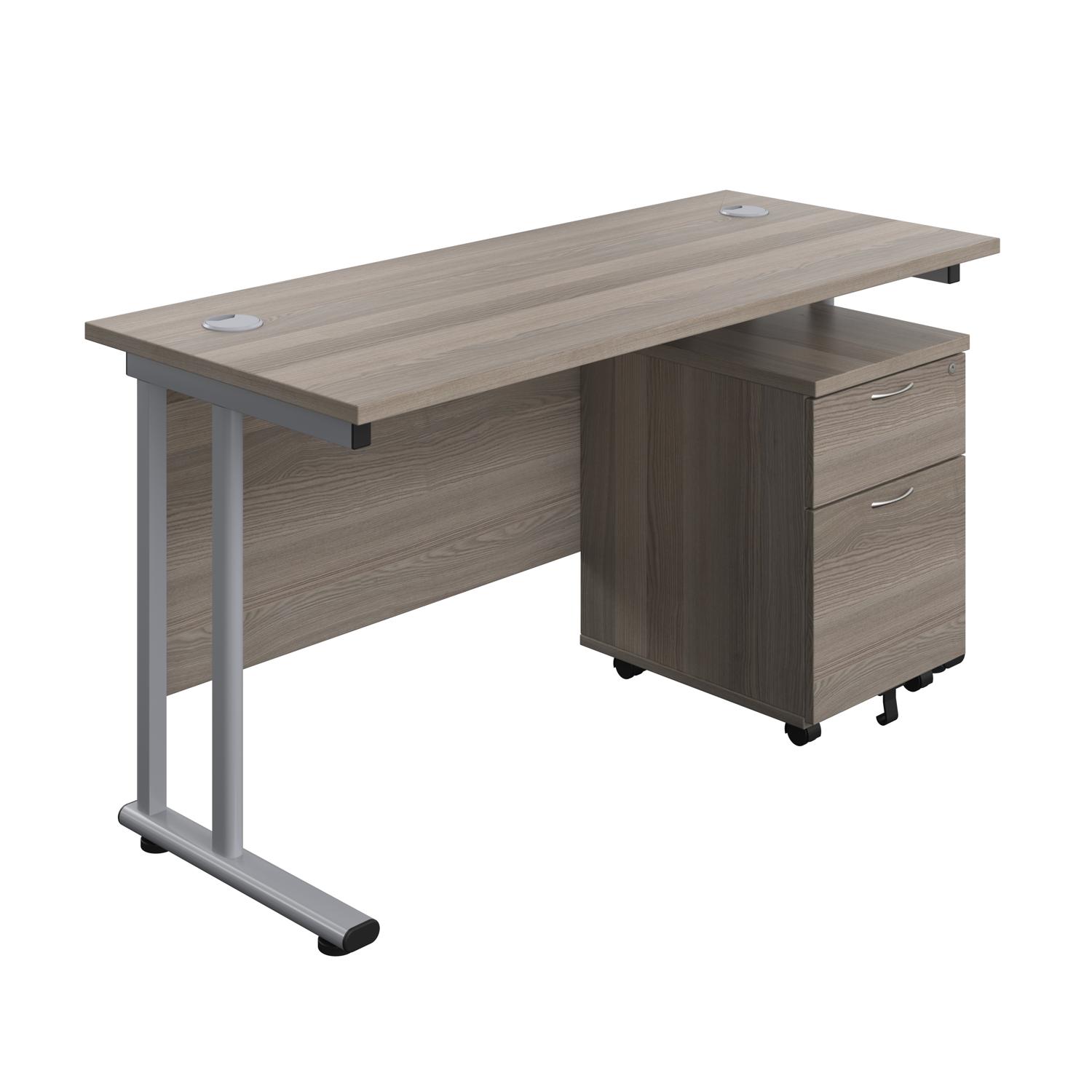 Twin Upright Rectangular Desk + Mobile 2 Drawer Pedestal  1400X600 Grey Oak/Silver
