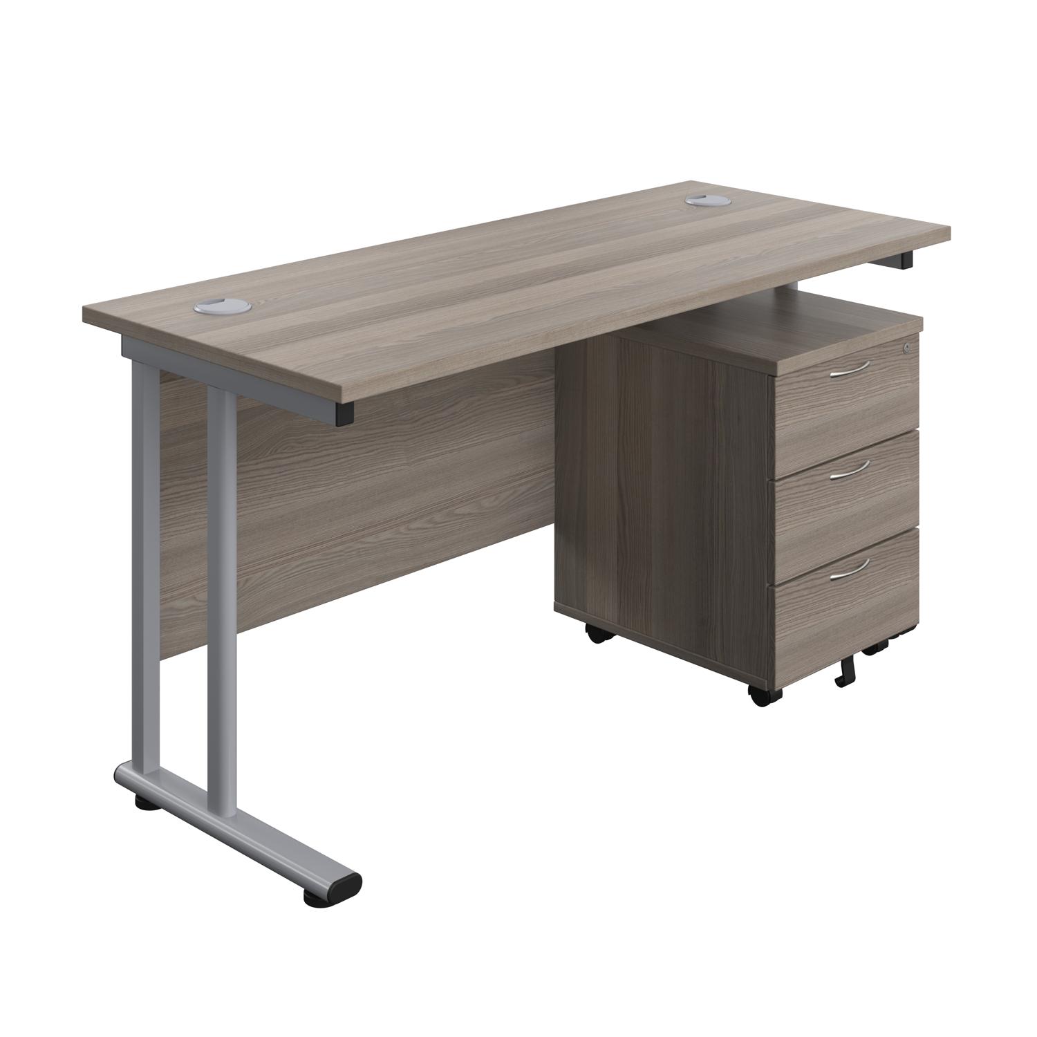 Twin Upright Rectangular Desk + Mobile 3 Drawer Pedestal  1400X600 Grey Oak/Silver