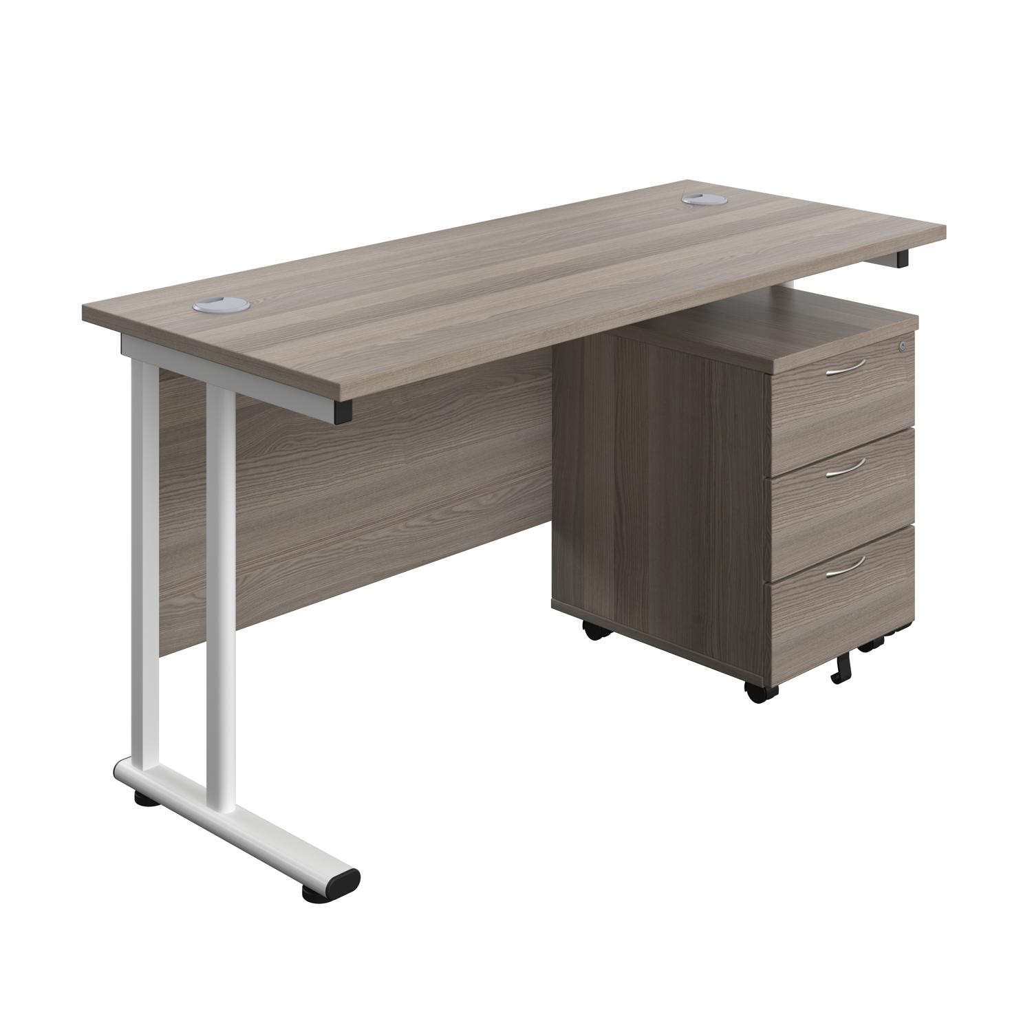 Twin Upright Rectangular Desk + Mobile 3 Drawer Pedestal  1400X600 Grey Oak/White