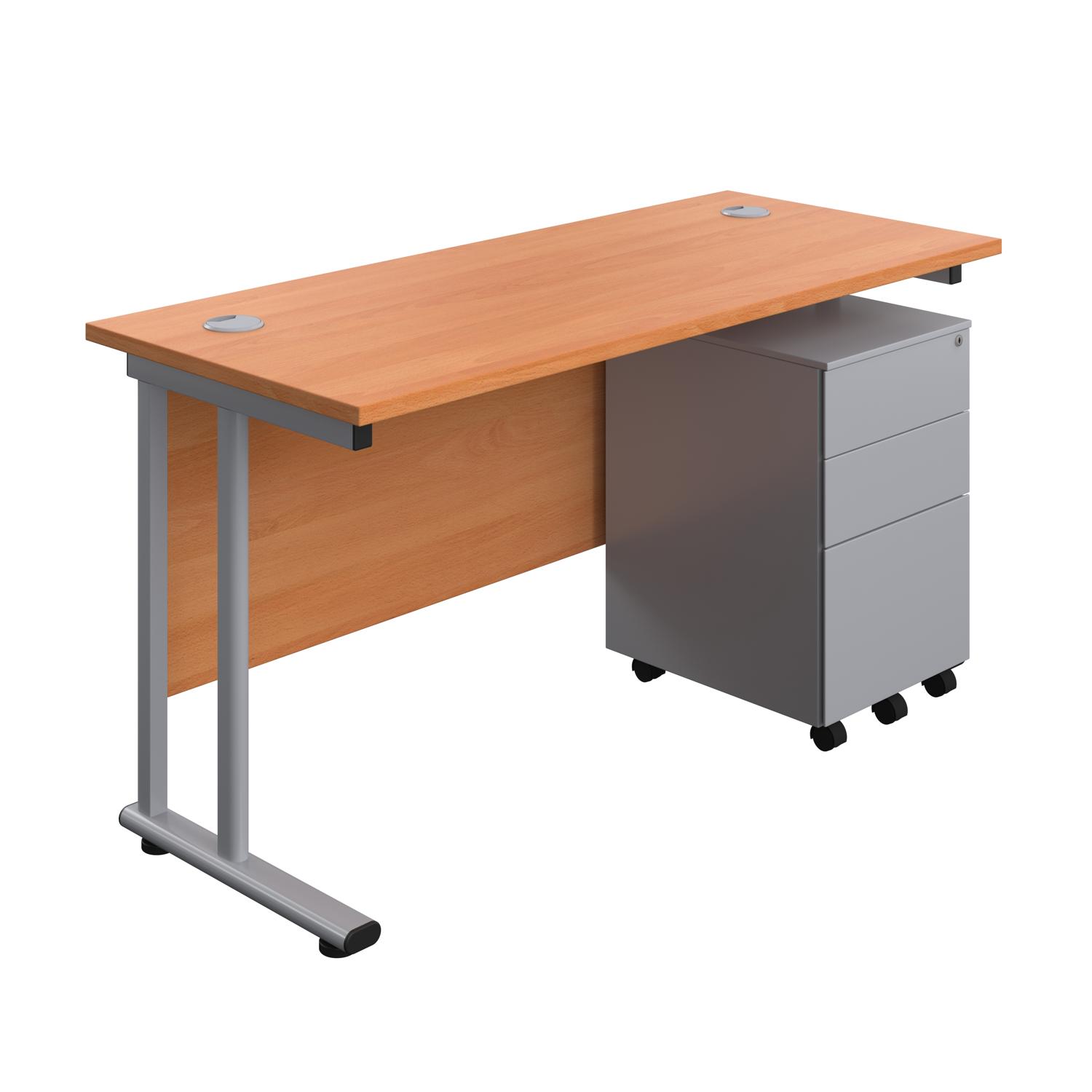 Twin Upright Rectangular Desk + Under Desk Steel Pedestal 3 Drawers  1400X600 Beech/Silver