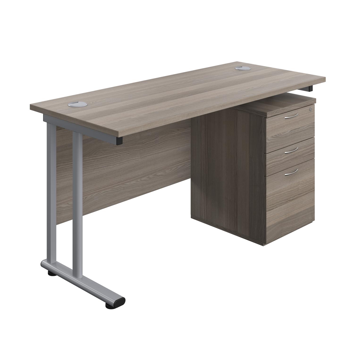 Twin Upright Rectangular Desk + High Mobile Pedestal 3 Drawer  1400X600 Grey Oak/Silver