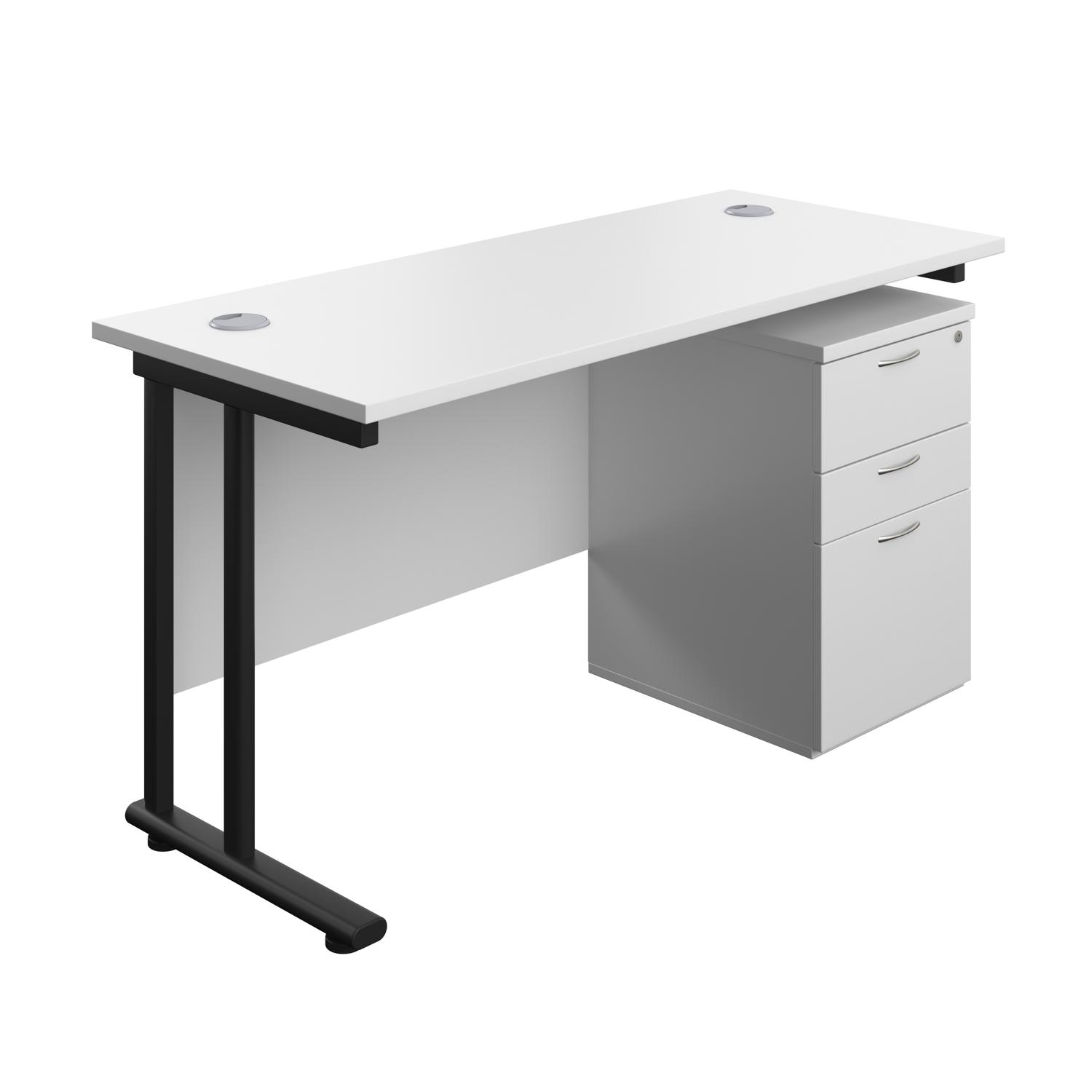 Twin Upright Rectangular Desk + High Mobile Pedestal 3 Drawer  1400X600 White/Black