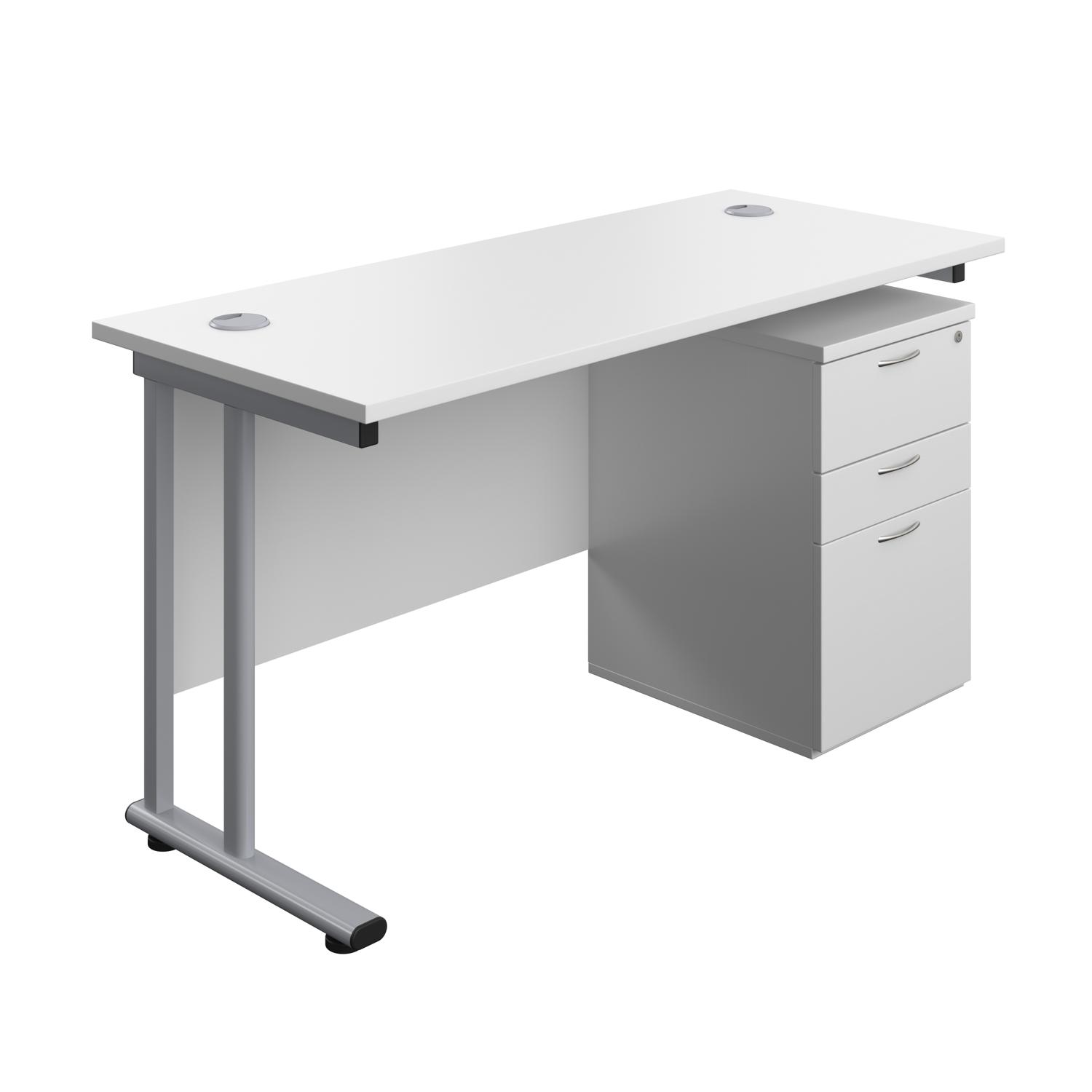 Twin Upright Rectangular Desk + High Mobile Pedestal 3 Drawer  1400X600 White/Silver