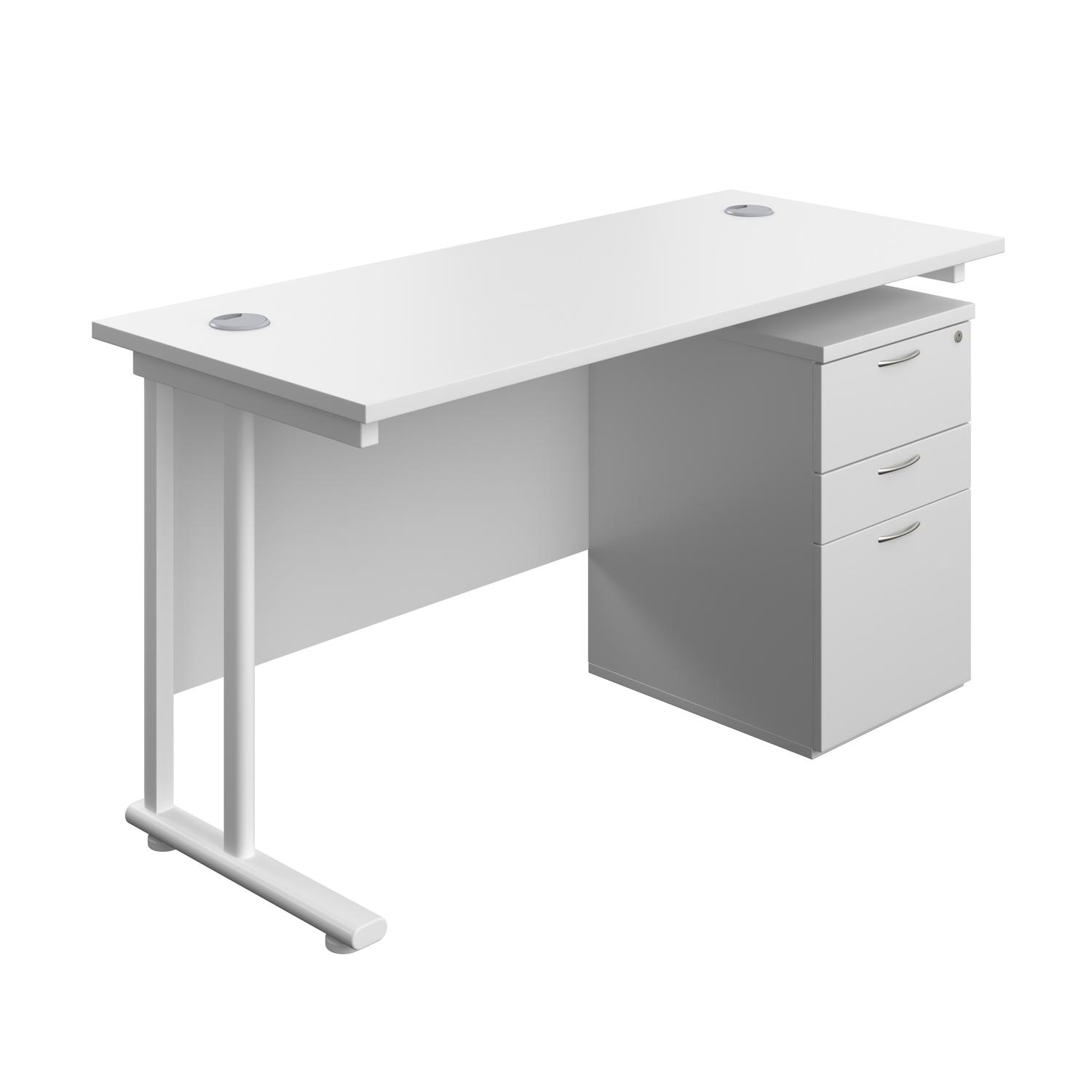 Twin Upright Rectangular Desk + High Mobile Pedestal 3 Drawer  1400X600 White/White