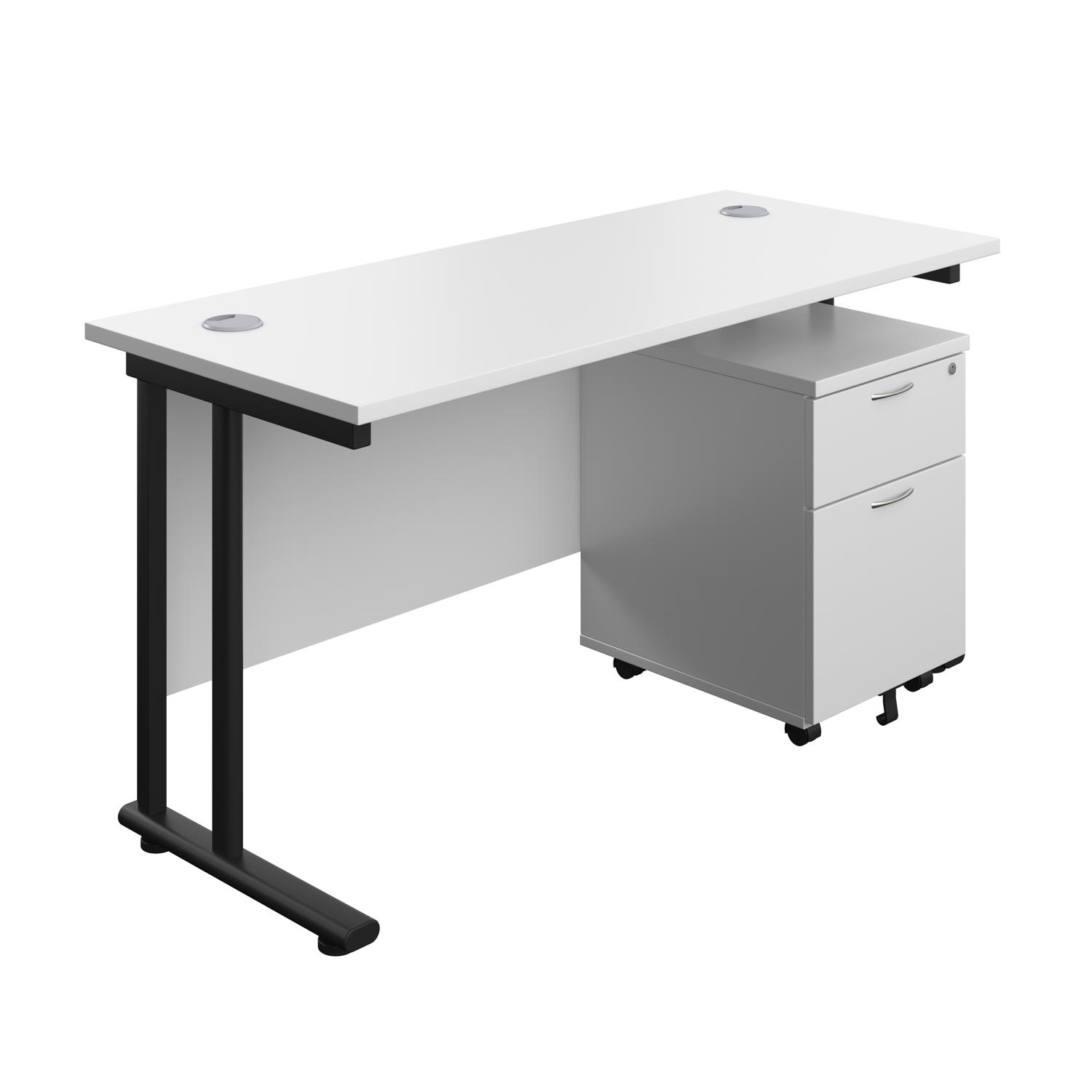 Twin Upright Rectangular Desk + Mobile 2 Drawer Pedestal  1400X600 White/Black