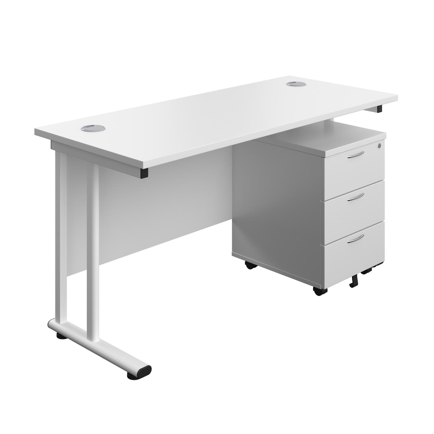 Twin Upright Rectangular Desk + Mobile 3 Drawer Pedestal  1400X600 White/White