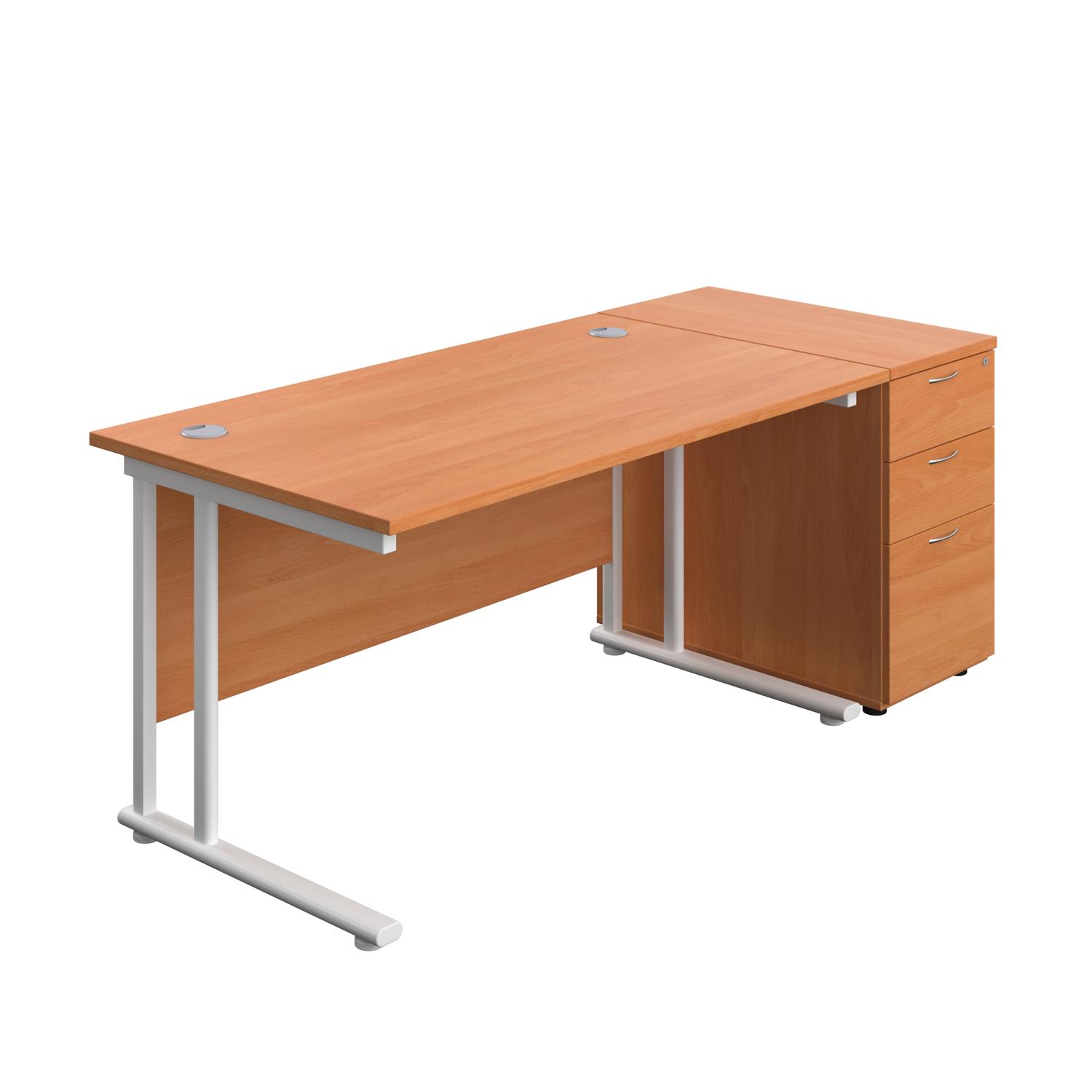 Twin Upright Rectangular Desk + Desk High 3 Drawer Pedestal  1400X800 Beech/White