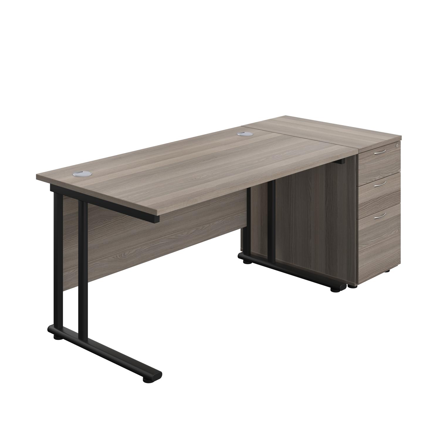 Twin Upright Rectangular Desk + Desk High 3 Drawer Pedestal  1400X800 Grey Oak/Black