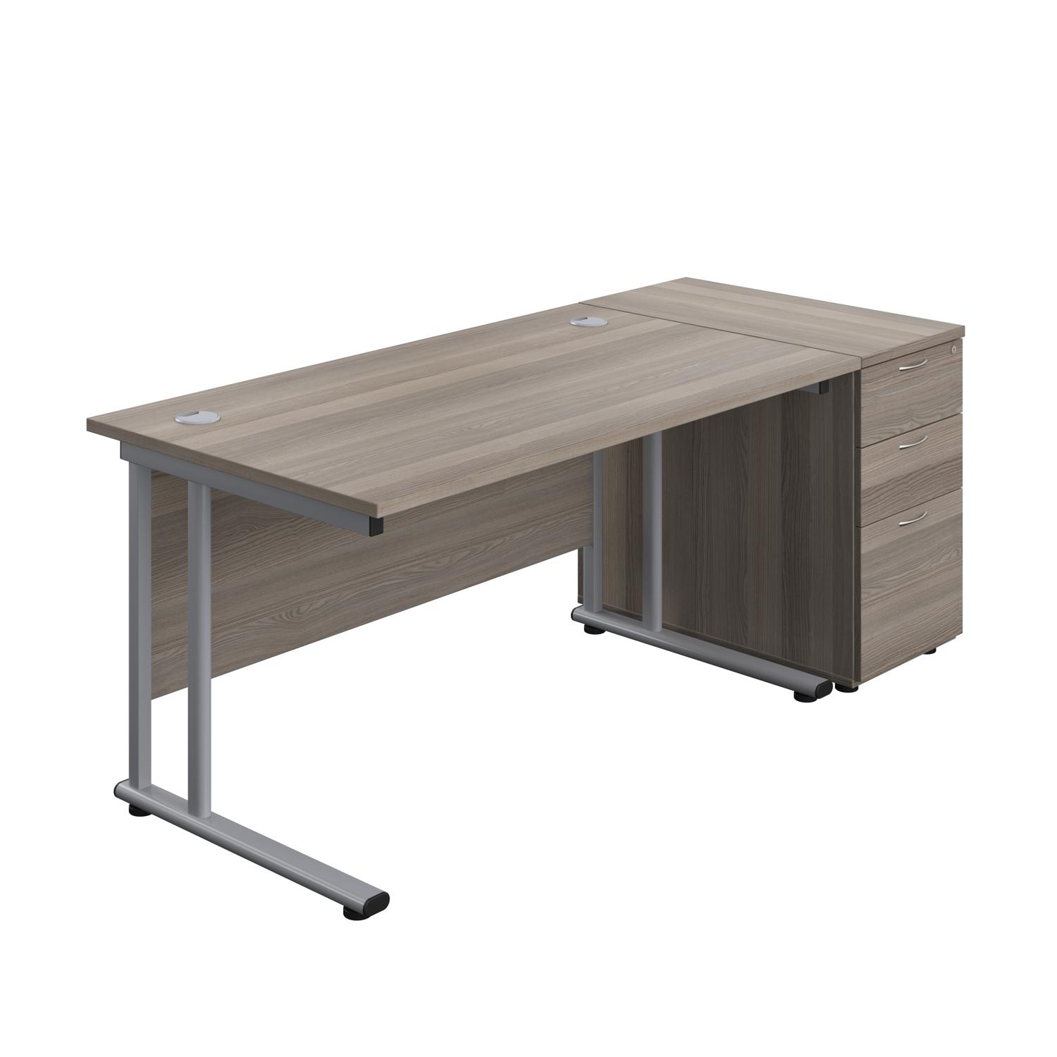 Twin Upright Rectangular Desk + Desk High 3 Drawer Pedestal  1400X800 Grey Oak/Silver