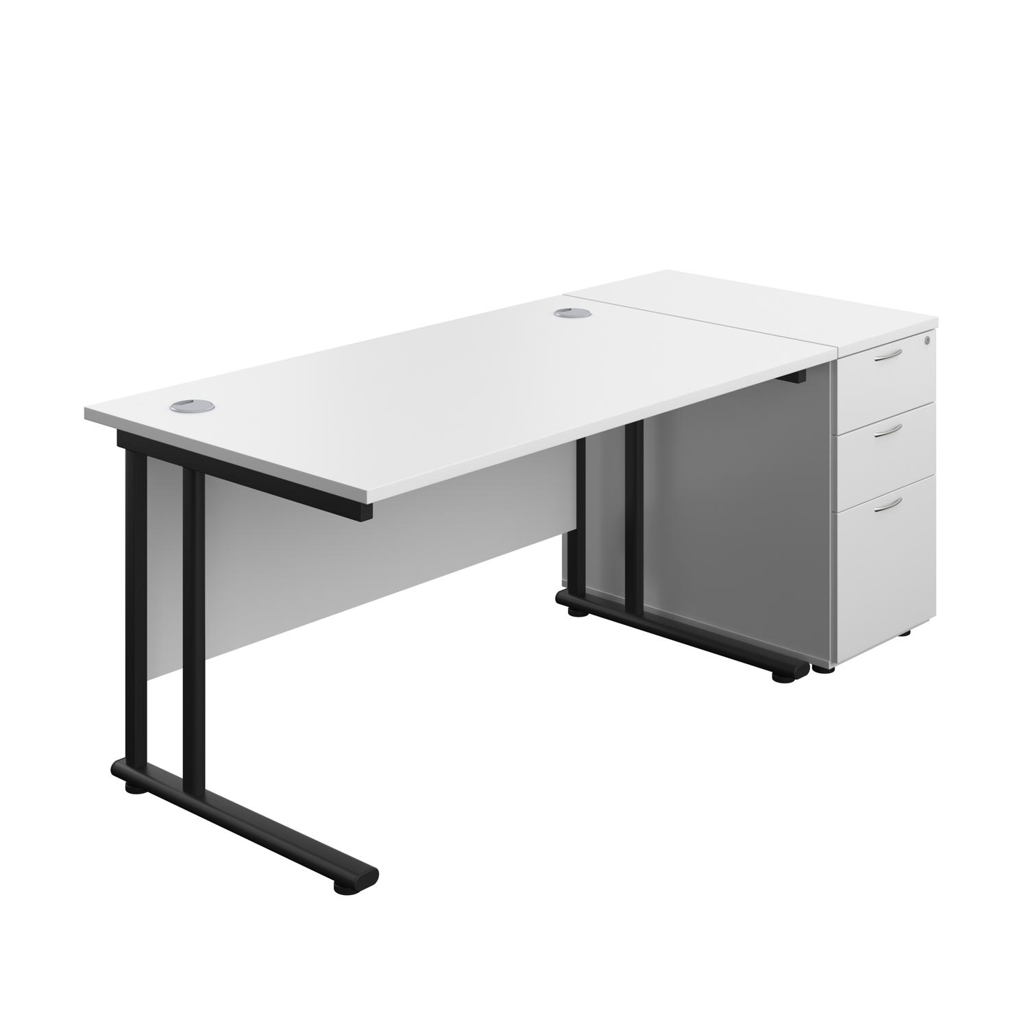 Twin Upright Rectangular Desk + Desk High 3 Drawer Pedestal  1400X800 White/Black