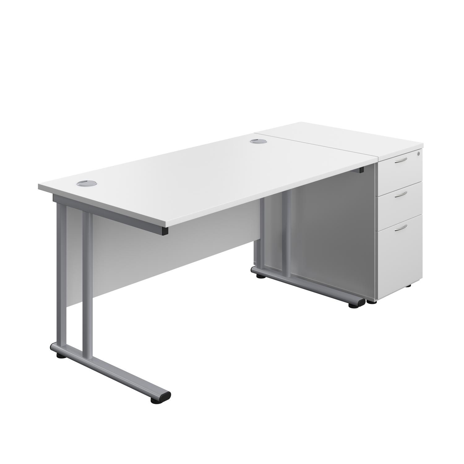 Twin Upright Rectangular Desk + Desk High 3 Drawer Pedestal  1400X800 White/Silver