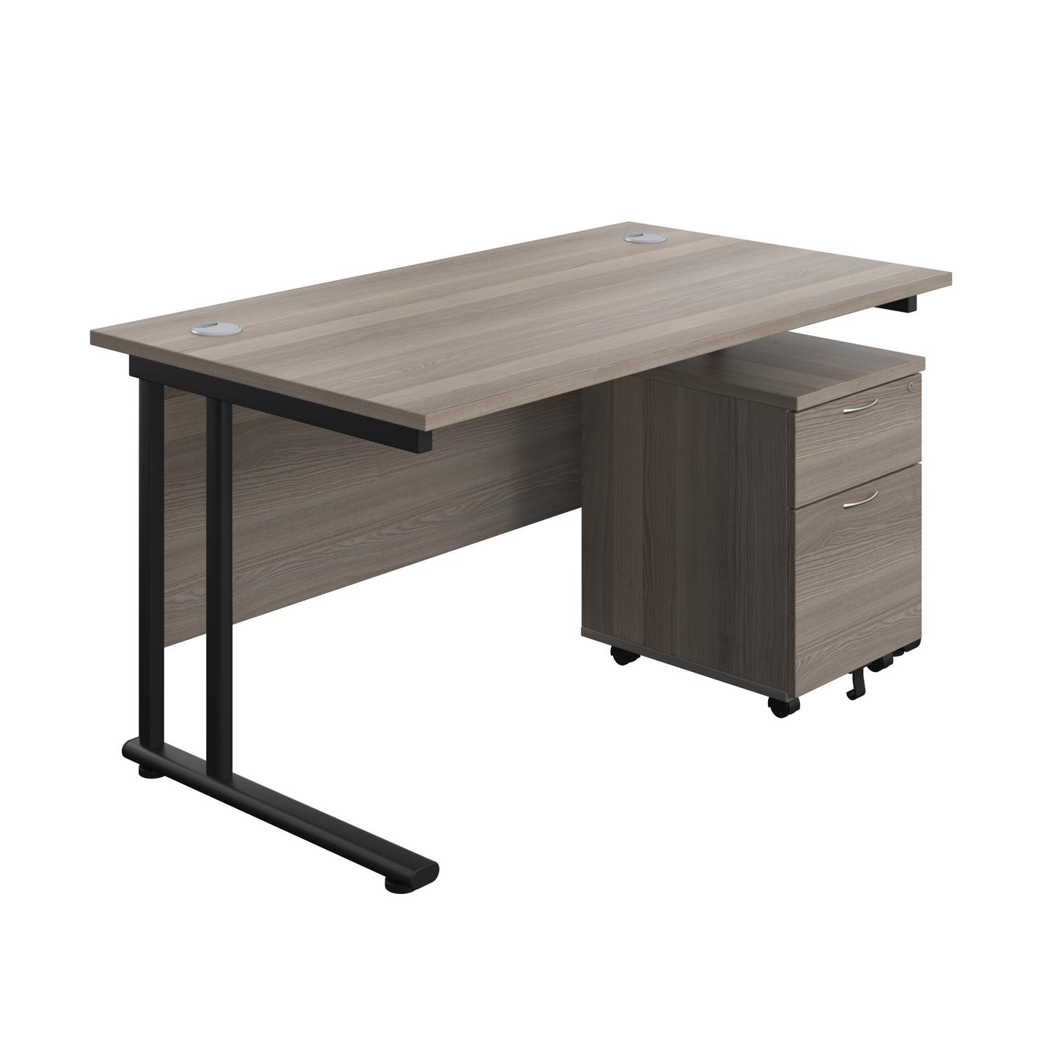 Twin Upright Rectangular Desk + Mobile 2 Drawer Pedestal  1400X800 Grey Oak/Black