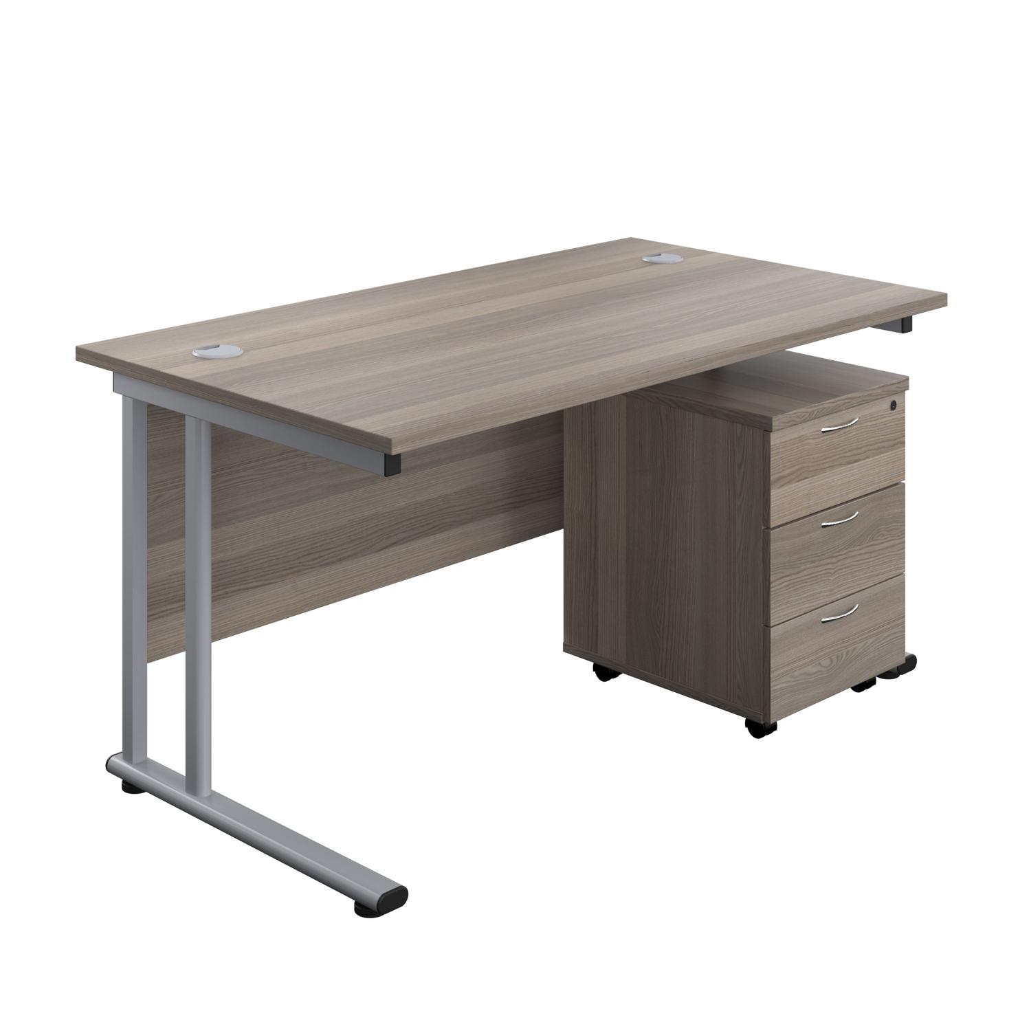 Twin Upright Rectangular Desk + Mobile 3 Drawer Pedestal  1400X800 Grey Oak/Silver