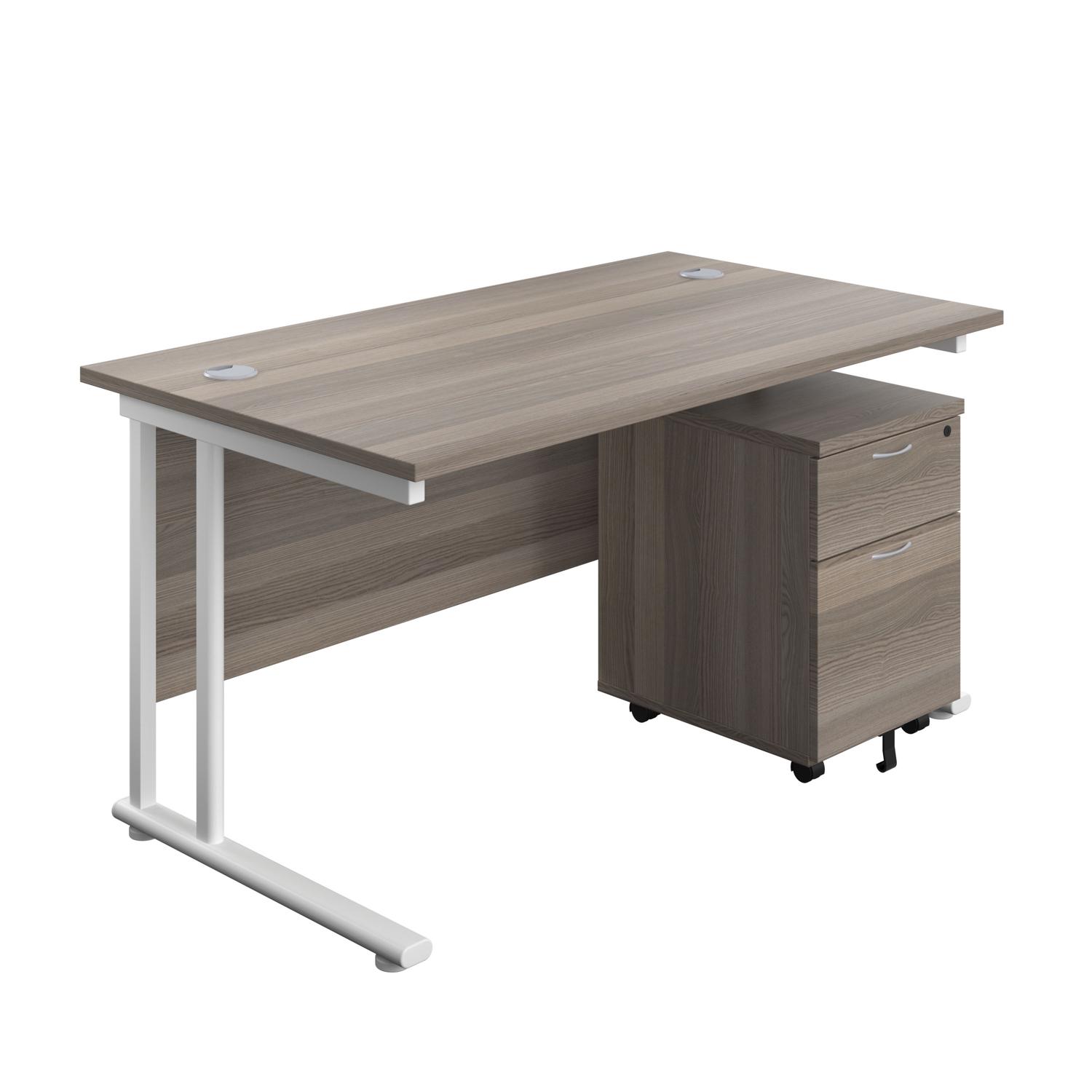 Twin Upright Rectangular Desk + Mobile 2 Drawer Pedestal  1400X800 Grey Oak/White