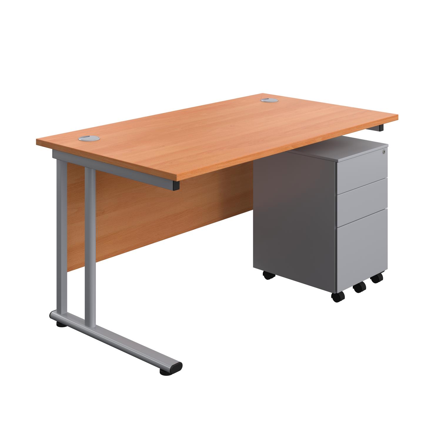 Twin Upright Rectangular Desk + Under Desk Steel Pedestal 3 Drawers  1400X800 Beech/Silver