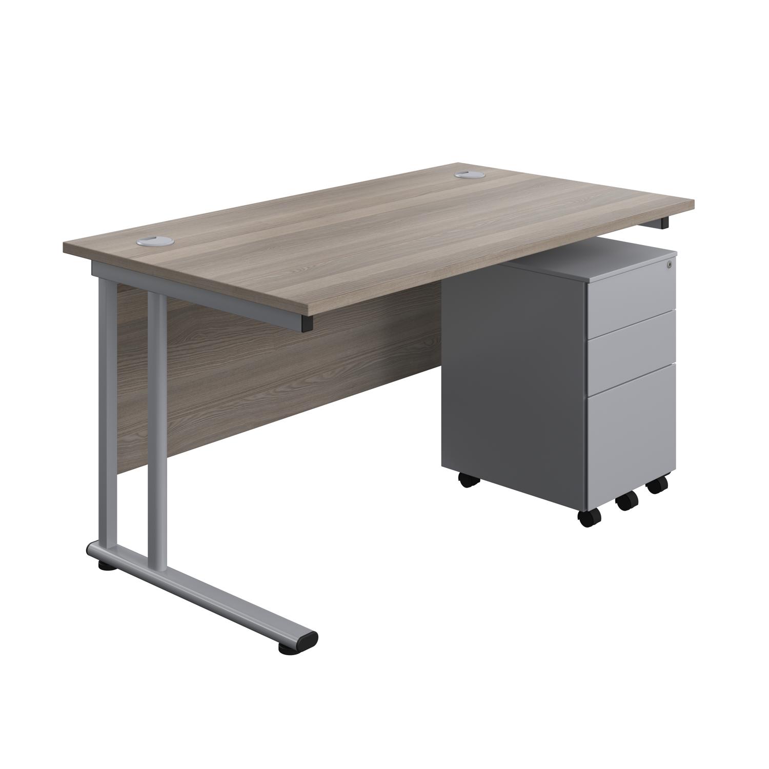Twin Upright Rectangular Desk + Under Desk Steel Pedestal 3 Drawers  1400X800 Grey Oak/Silver