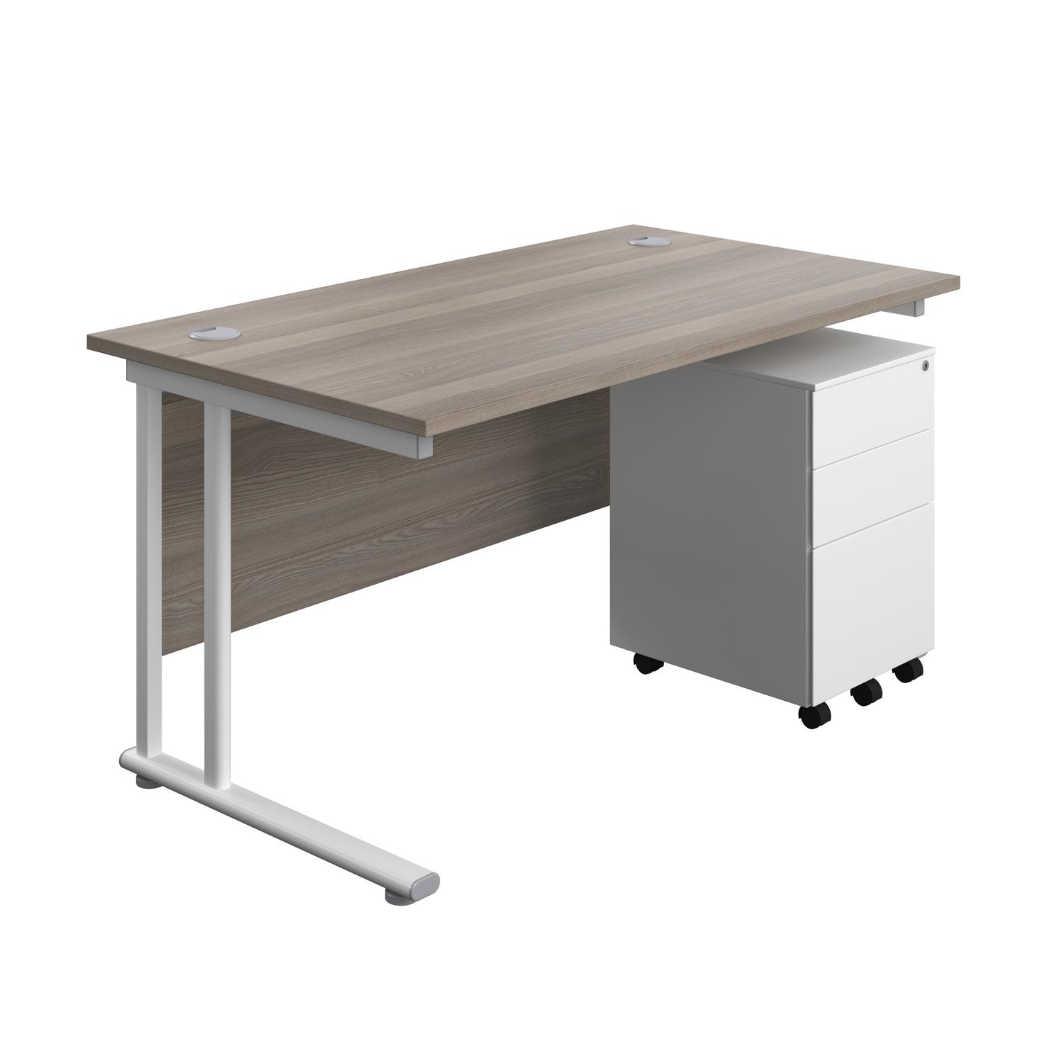 Twin Upright Rectangular Desk + Under Desk Steel Pedestal 3 Drawers  1400X800 Grey Oak/White