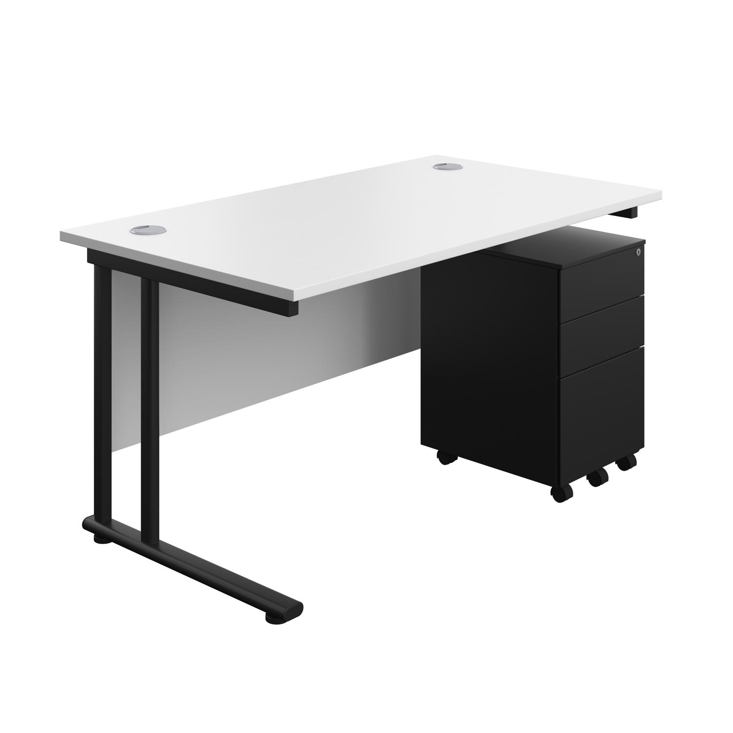 Twin Upright Rectangular Desk + Under Desk Steel Pedestal 3 Drawers  1400X800 White/Black
