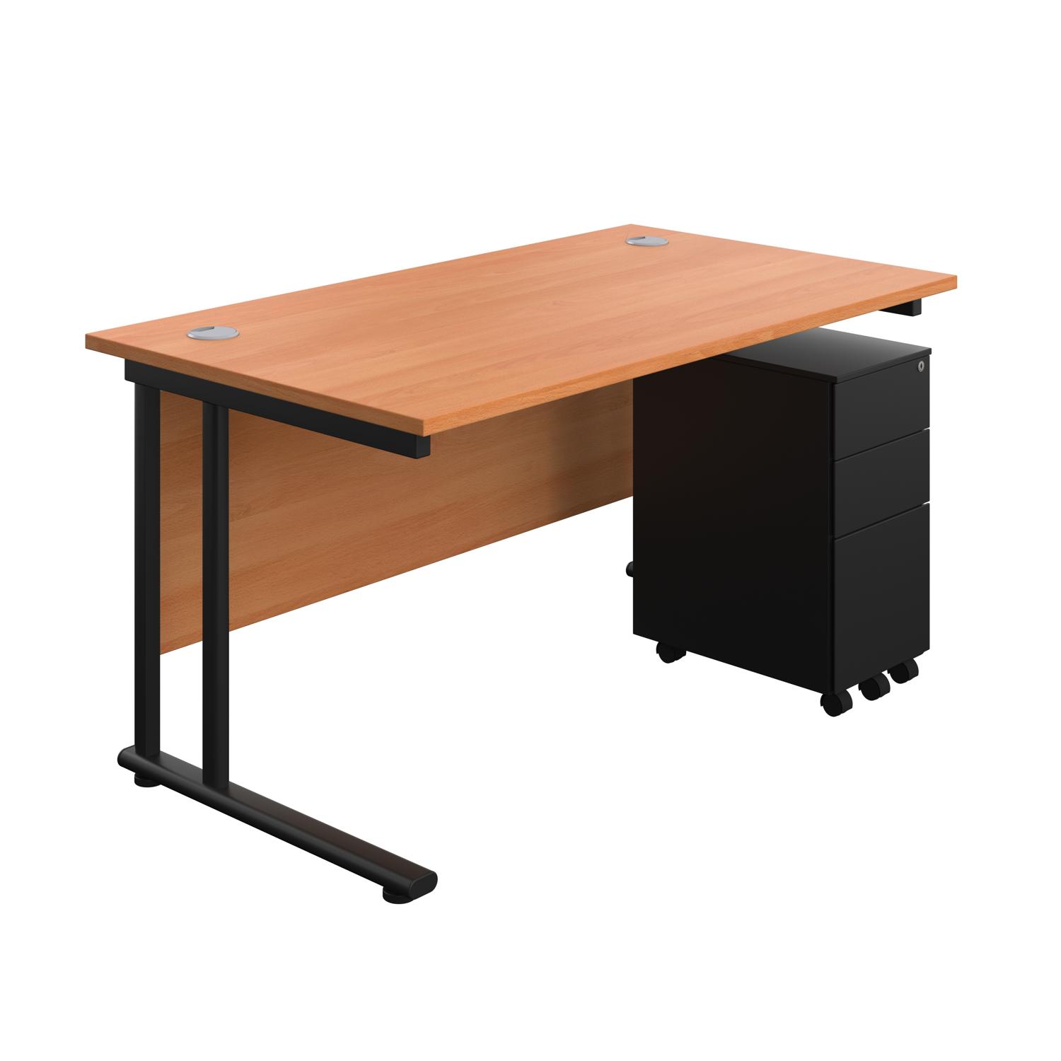 Twin Upright Rectangular Desk + Slimline Steel Pedestal 3 Drawers  1400X800 Beech/Black
