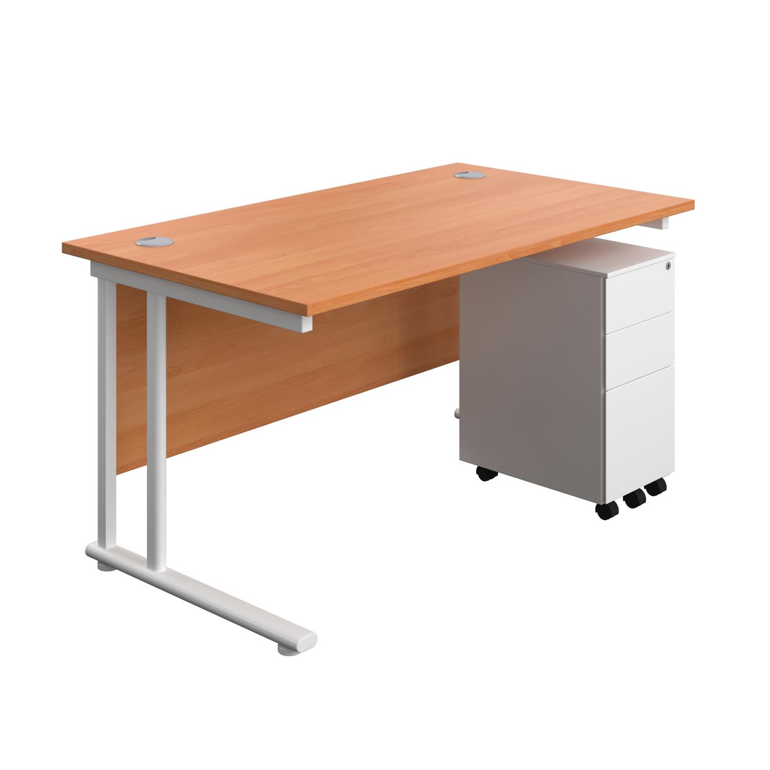 Twin Upright Rectangular Desk + Slimline Steel Pedestal 3 Drawers  1400X800 Beech/White