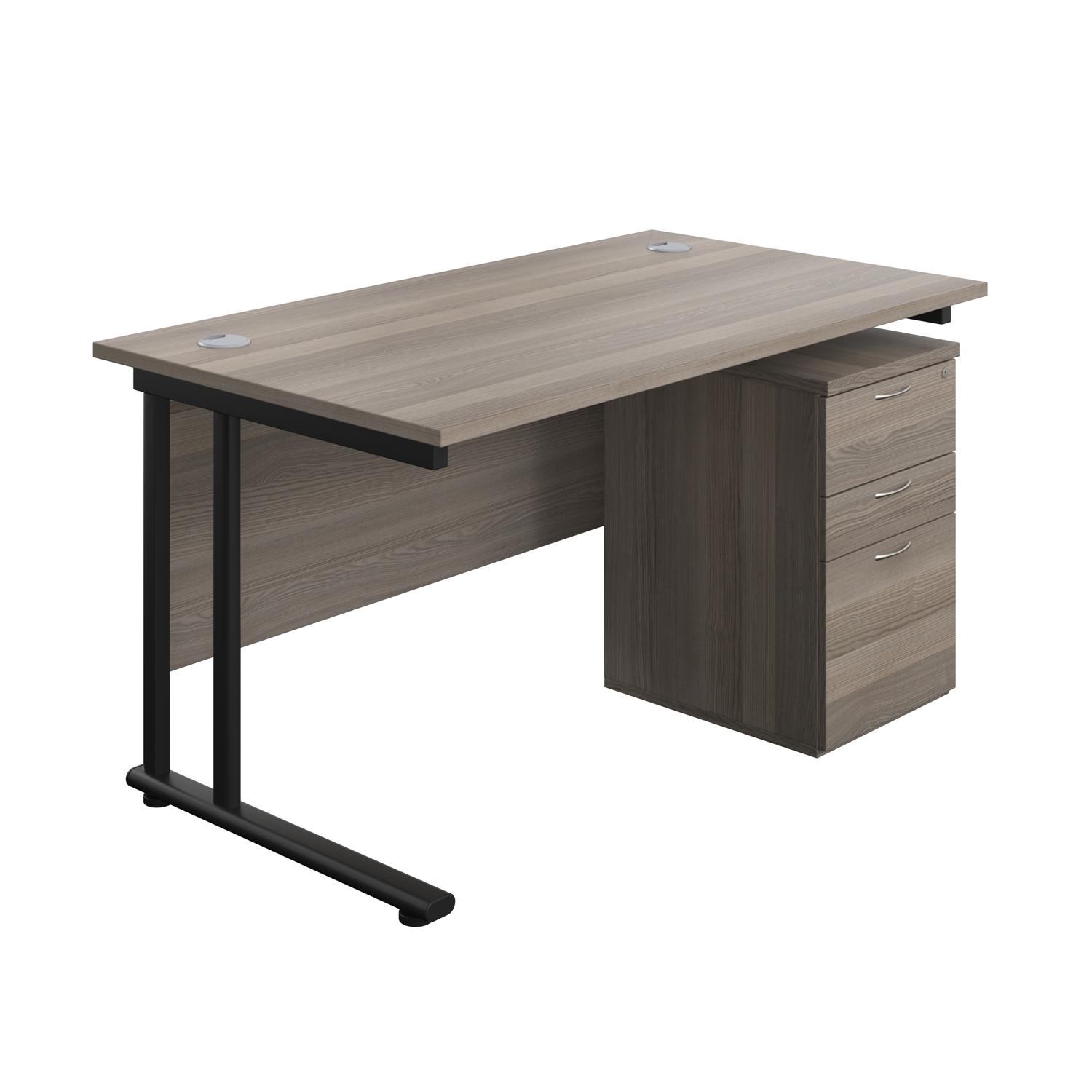 Twin Upright Rectangular Desk + High Mobile Pedestal 3 Drawer  1400X800 Grey Oak/Black