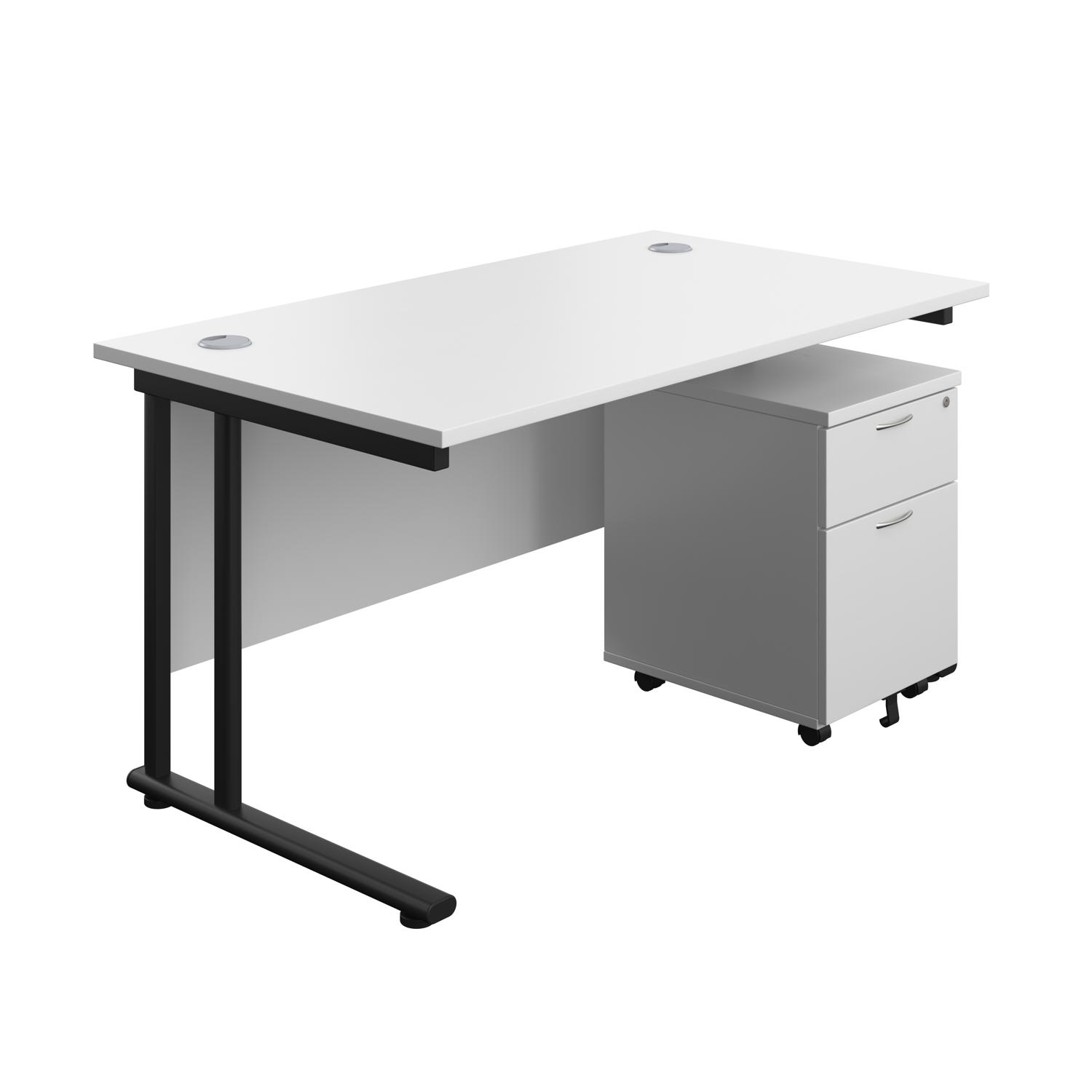 Twin Upright Rectangular Desk + Mobile 2 Drawer Pedestal  1400X800 White/Black