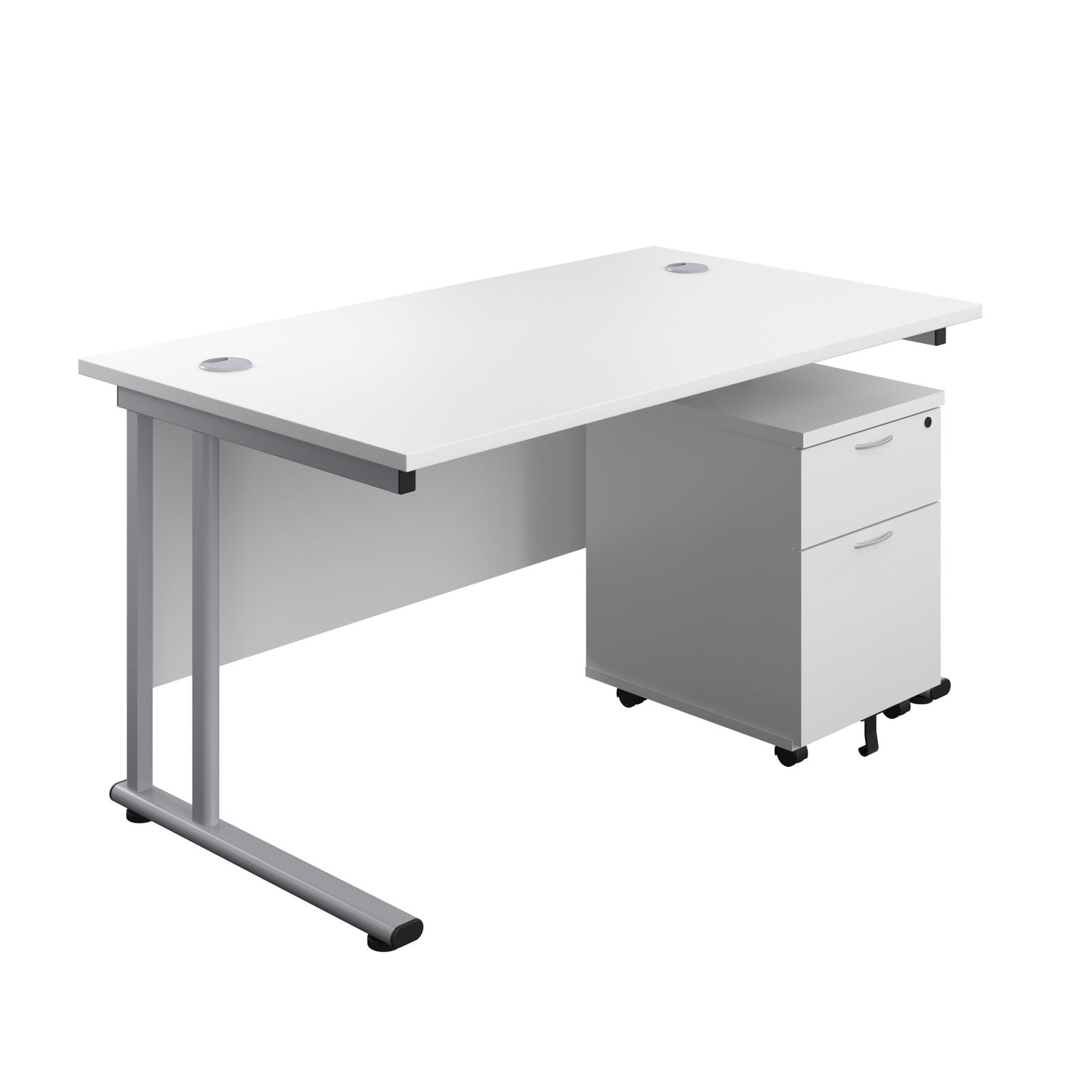 Twin Upright Rectangular Desk + Mobile 2 Drawer Pedestal  1400X800 White/Silver