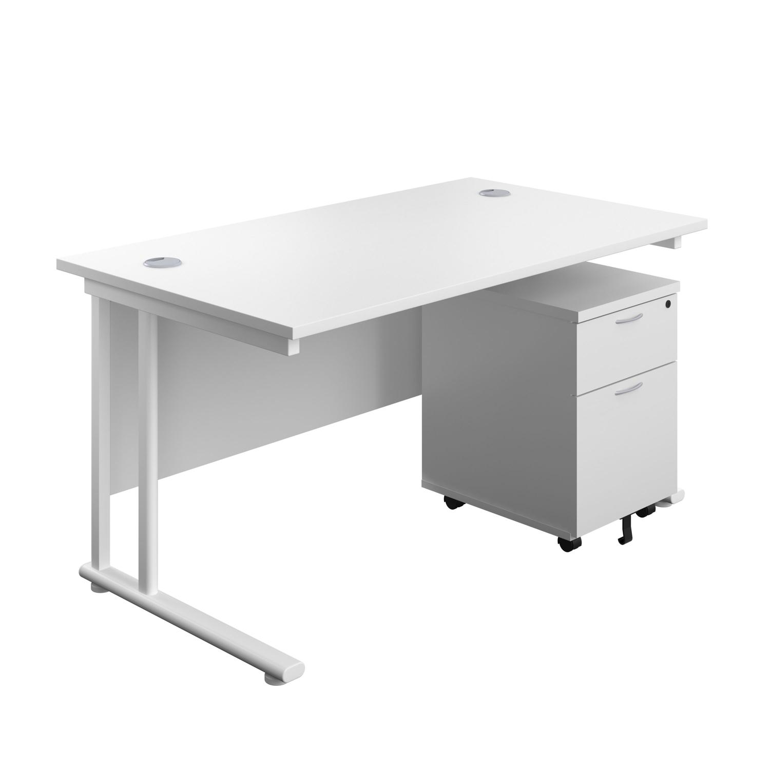 Twin Upright Rectangular Desk + Mobile 2 Drawer Pedestal  1400X800 White/White