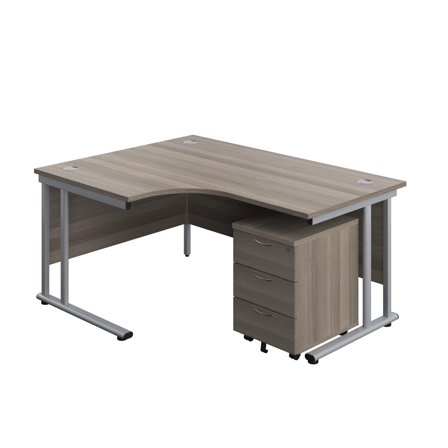 Twin Upright Left Hand Radial Desk + Mobile 3 Drawer Pedestal  1600X1200 Grey Oak/Silver