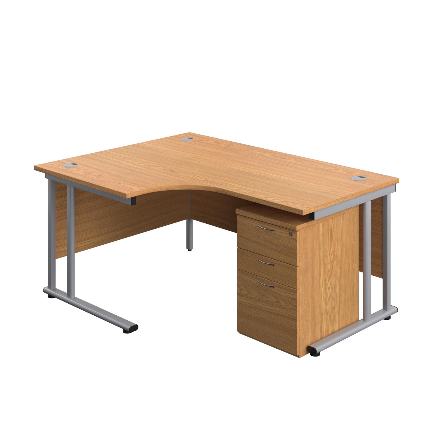 Twin Upright Left Hand Radial Desk + High Mobile Pedestal 3 Drawer  1600X1200 Nova Oak/Silver