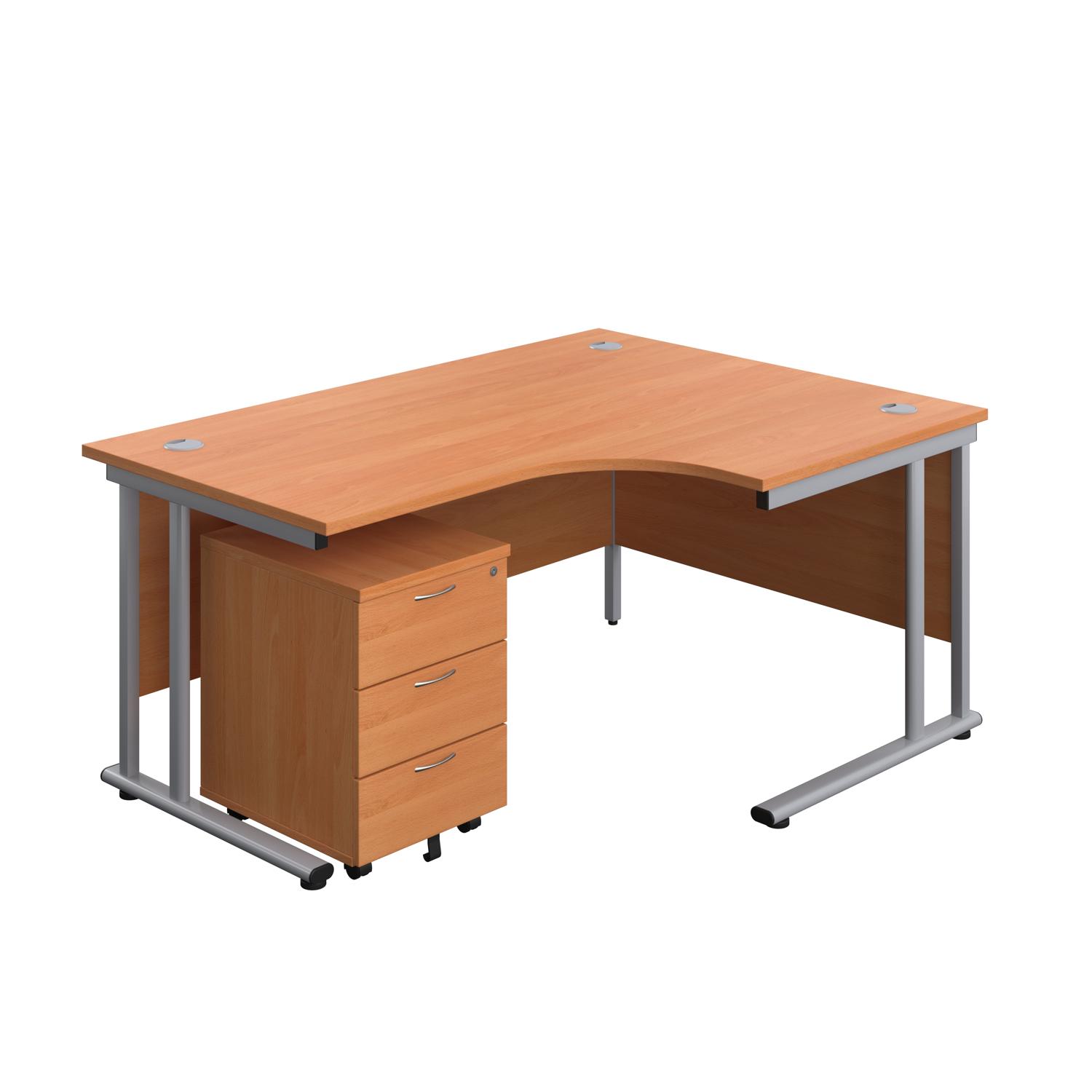 Twin Upright Right Hand Radial Desk + Mobile 3 Drawer Pedestal  1600X1200 Beech/Silver