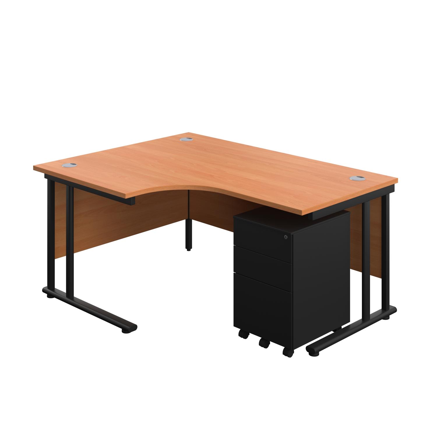 Twin Upright Right Hand Radial Desk + Slimline Steel Pedestal 3 Drawers  1600X1200 Beech/Black