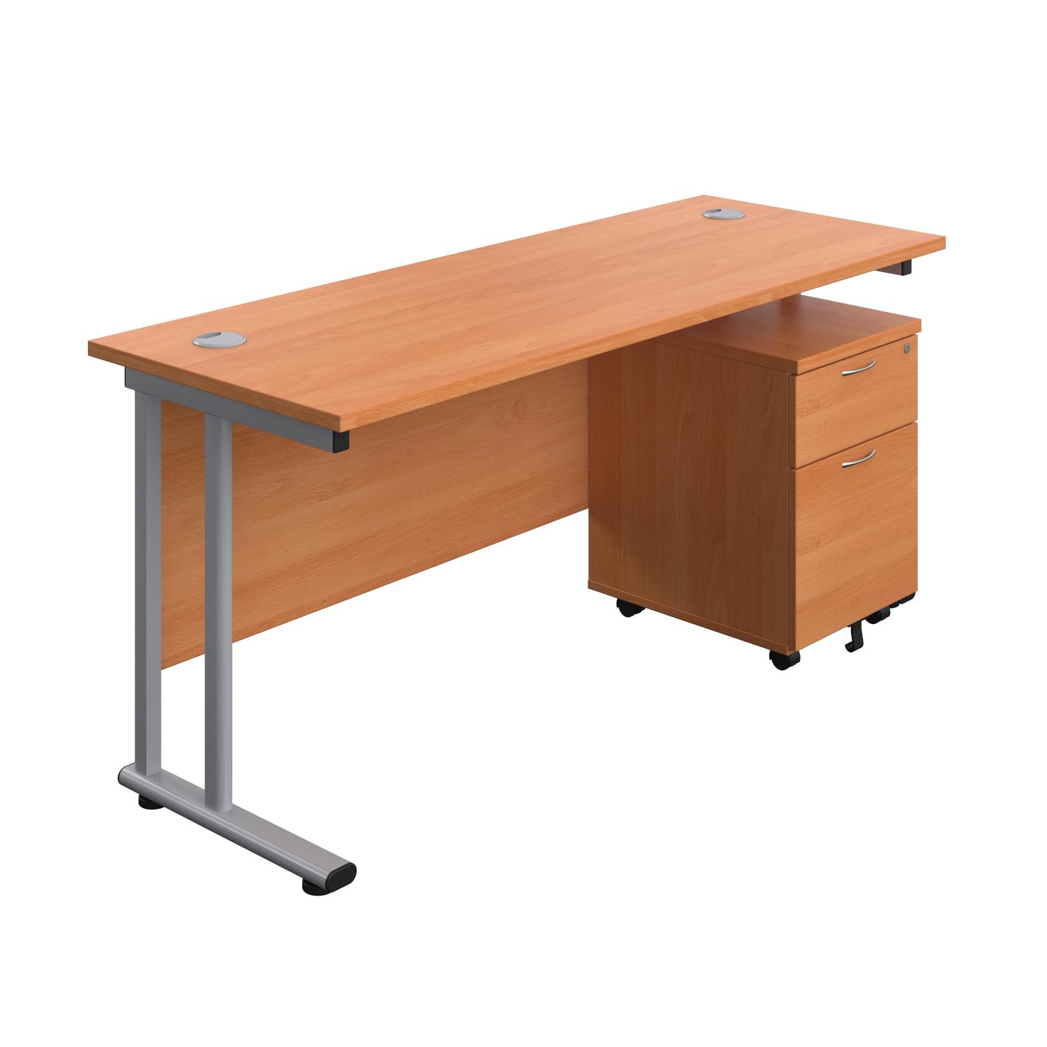 Twin Upright Rectangular Desk + Mobile 2 Drawer Pedestal  1600X600 Beech/Silver