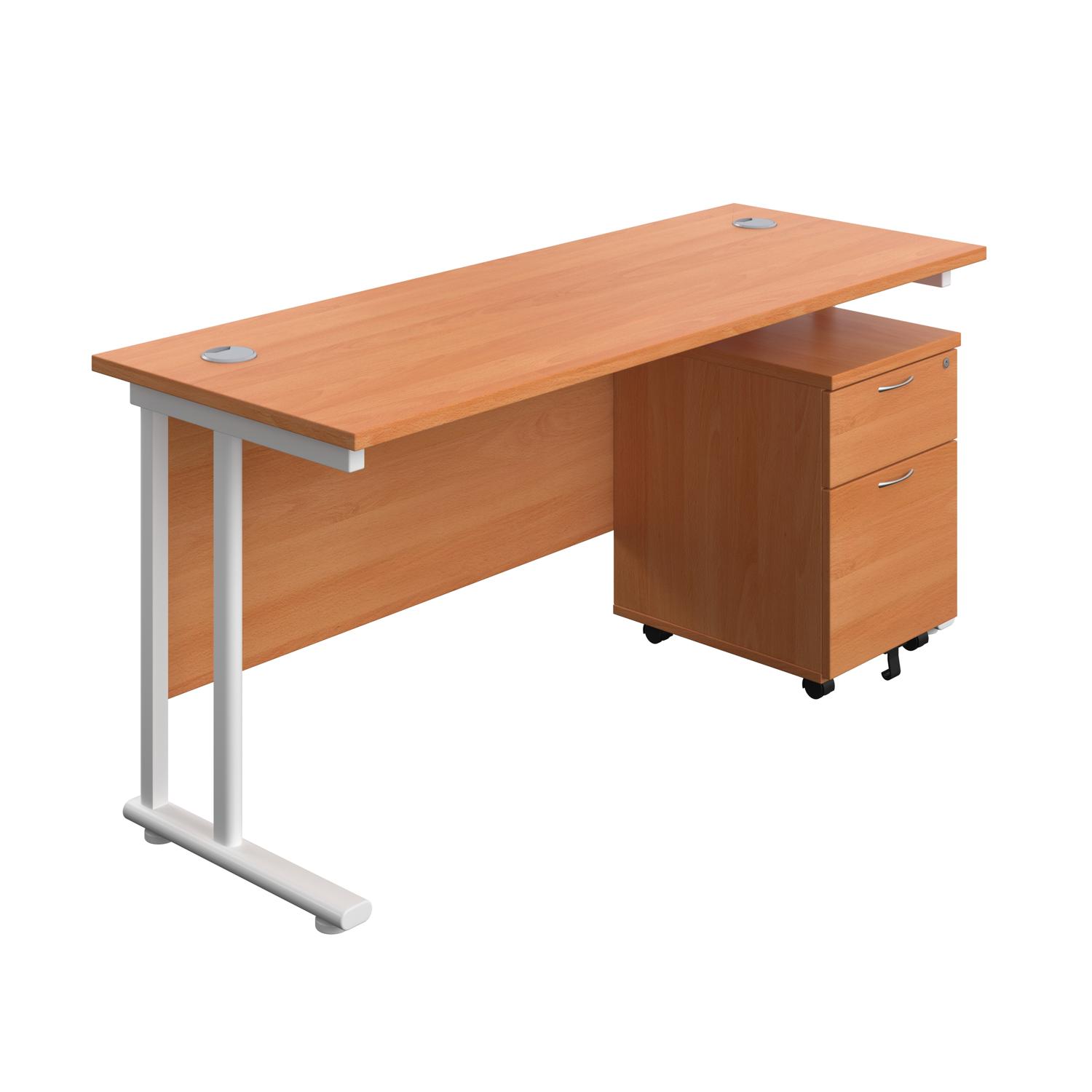 Twin Upright Rectangular Desk + Mobile 2 Drawer Pedestal  1600X600 Beech/White