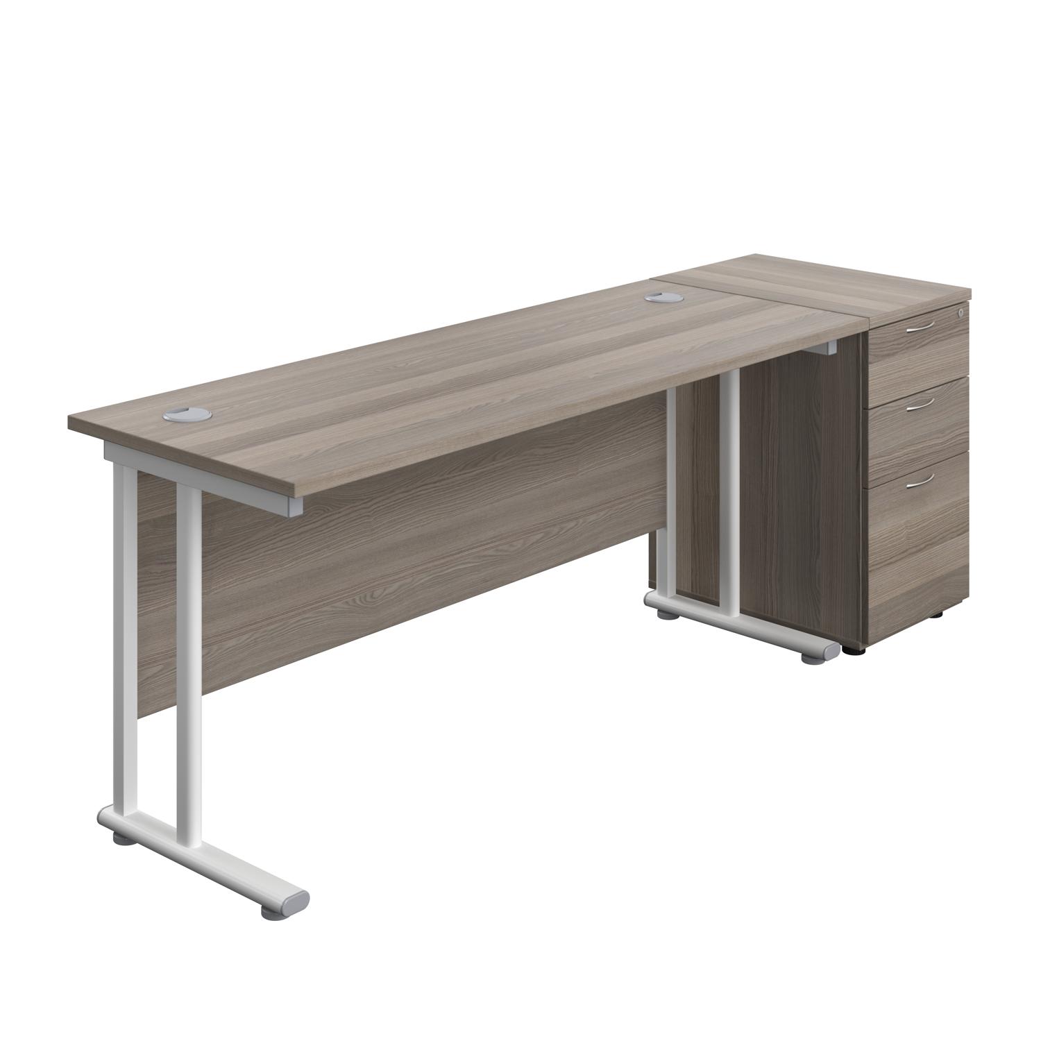 Twin Upright Rectangular Desk + Desk High 3 Drawer Pedestal  1600X600 Grey Oak/White