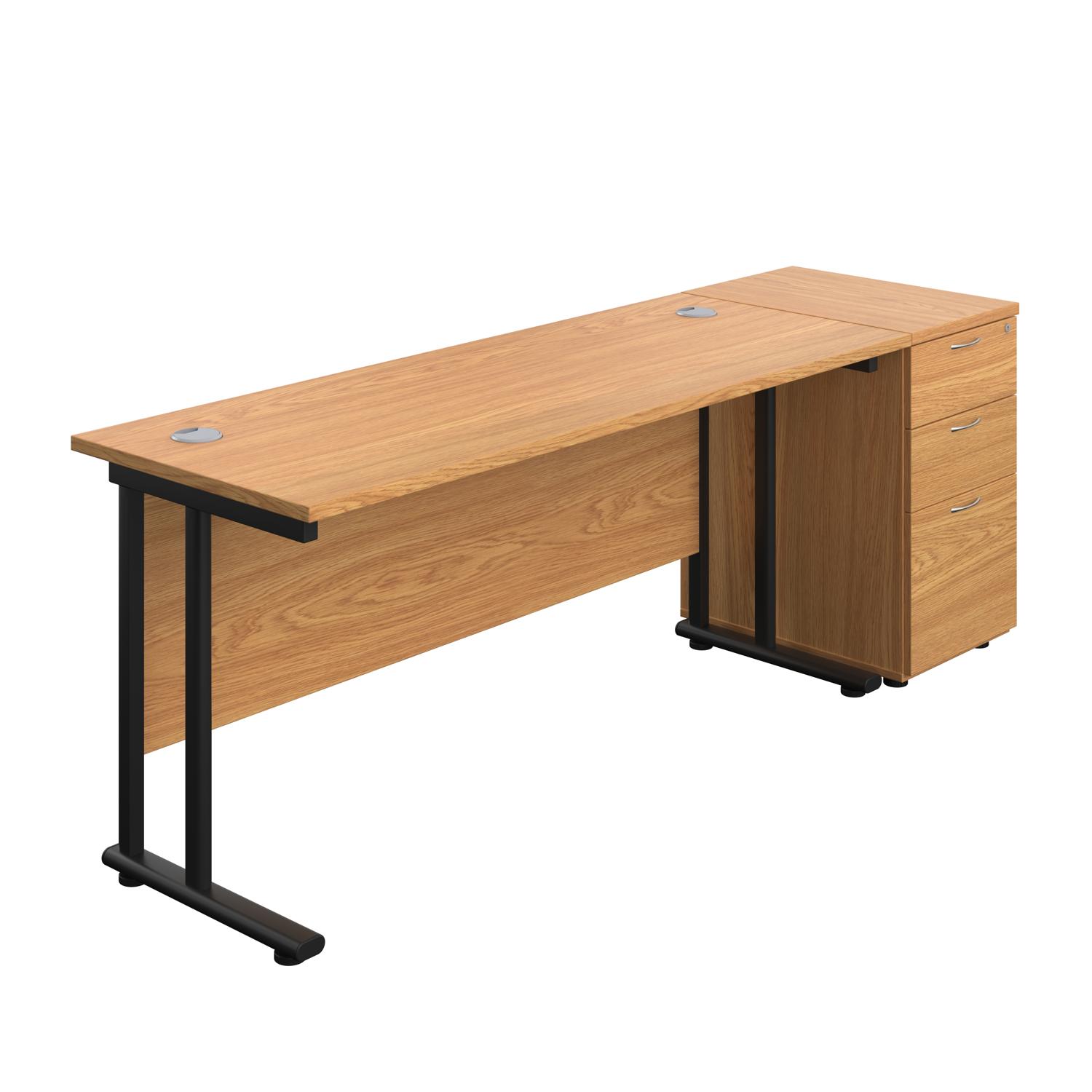 Twin Upright Rectangular Desk + Desk High 3 Drawer Pedestal  1600X600 Nova Oak/Black