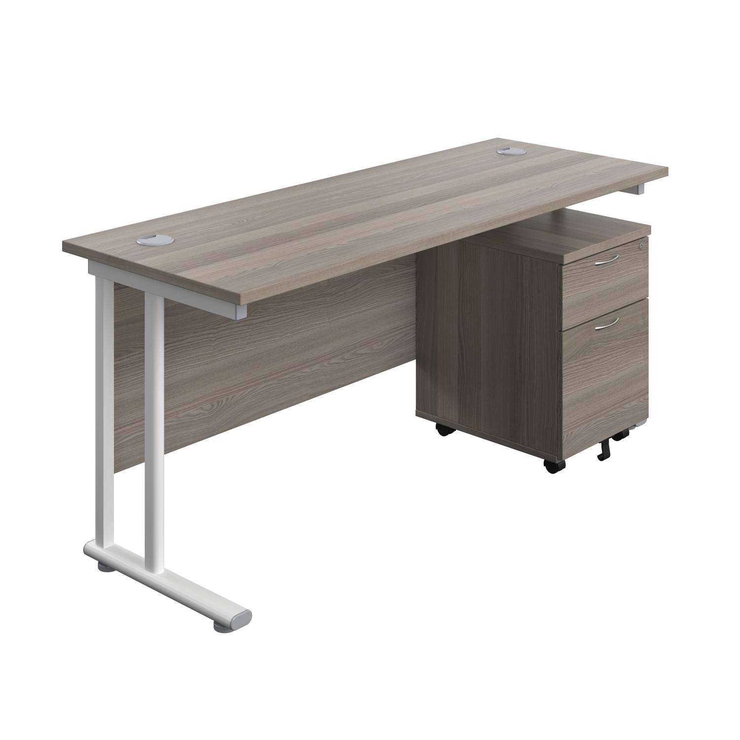Twin Upright Rectangular Desk + Mobile 2 Drawer Pedestal  1600X600 Grey Oak/White