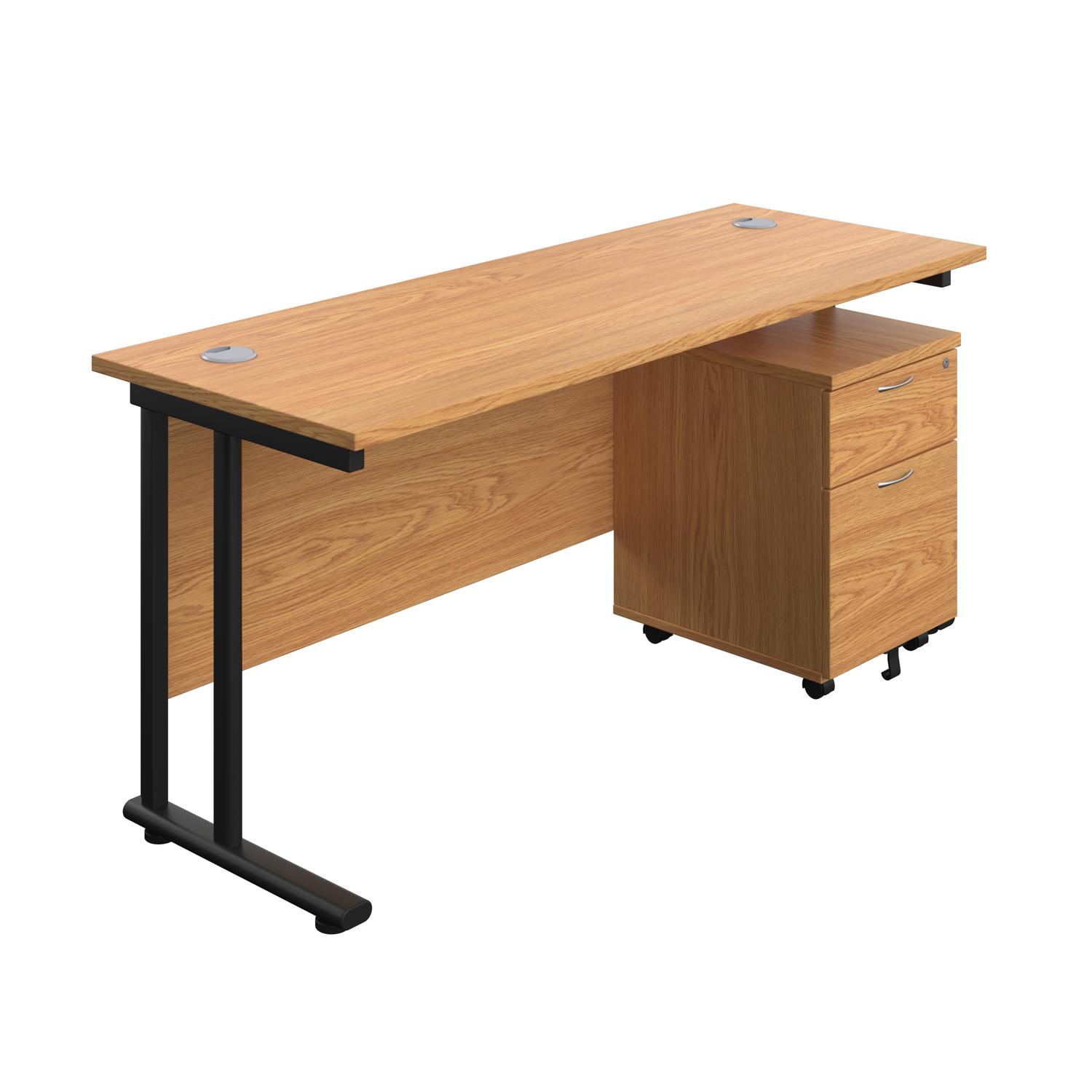 Twin Upright Rectangular Desk + Mobile 2 Drawer Pedestal  1600X600 Nova Oak/Black