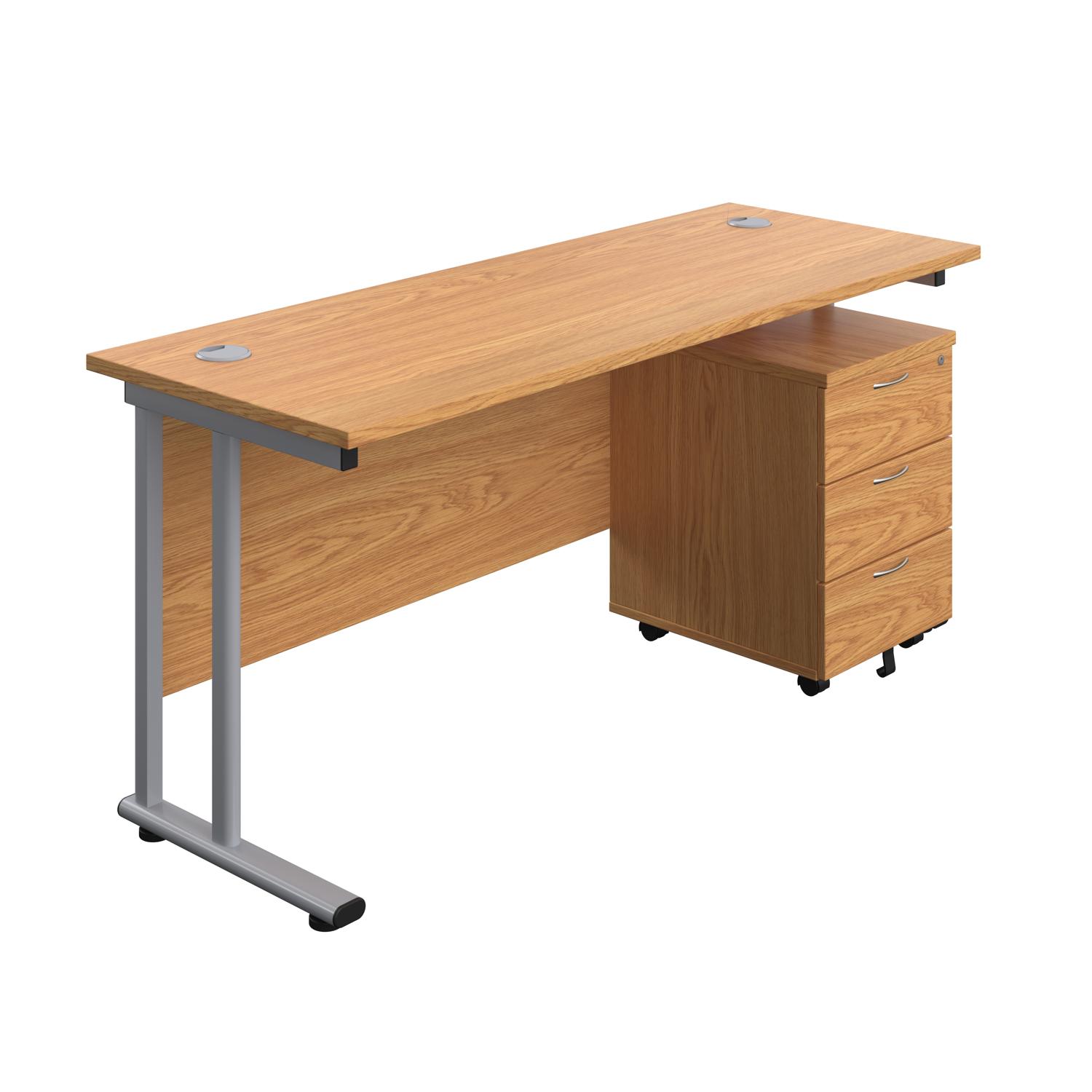 Twin Upright Rectangular Desk + Mobile 3 Drawer Pedestal  1600X600 Nova Oak/Silver