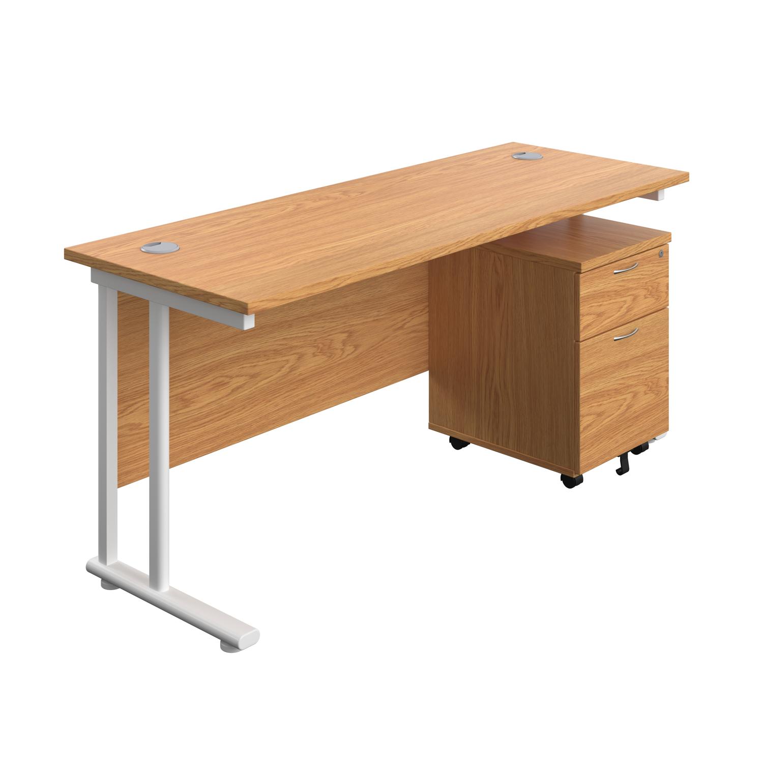 Twin Upright Rectangular Desk + Mobile 2 Drawer Pedestal  1600X600 Nova Oak/White