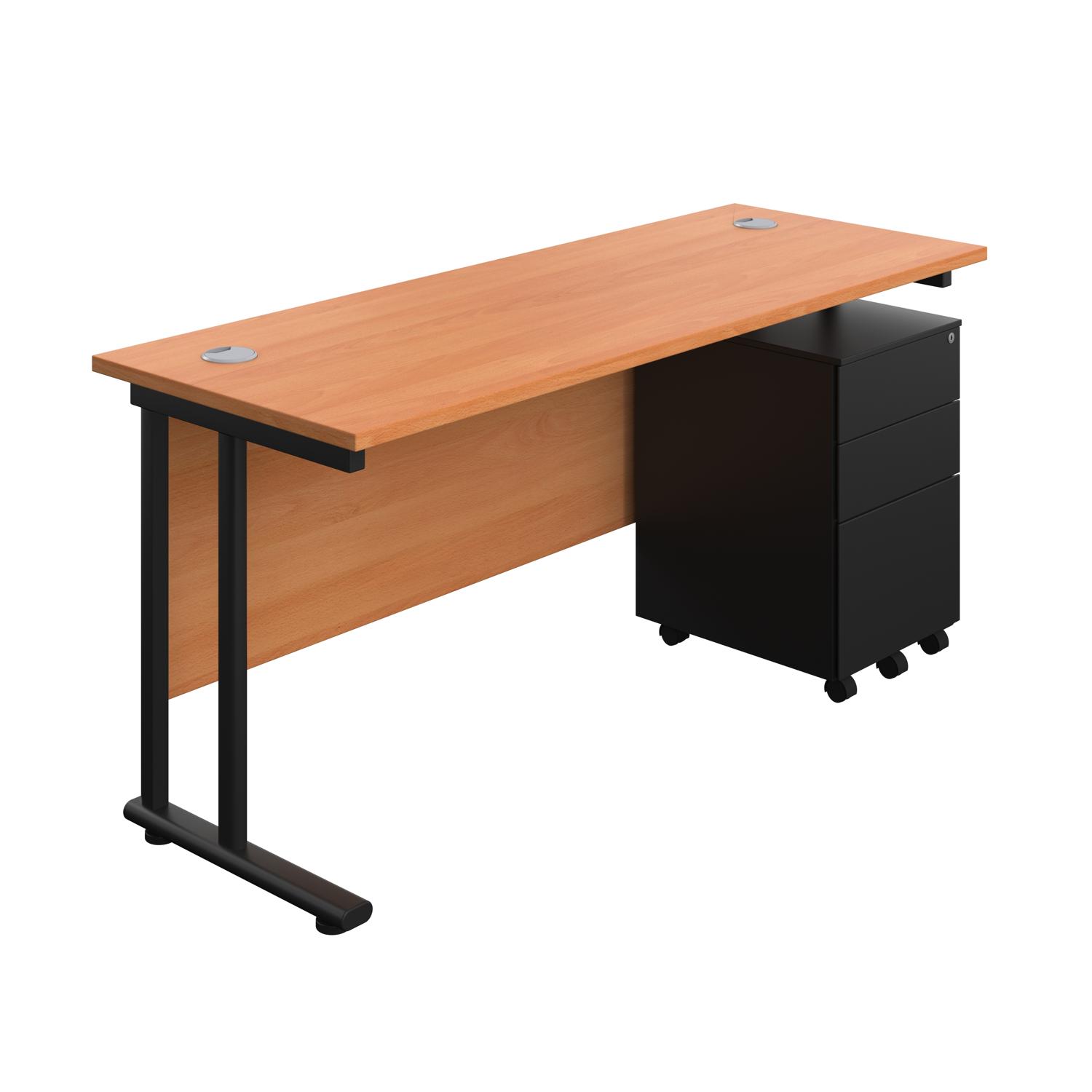 Twin Upright Rectangular Desk + Under Desk Steel Pedestal 3 Drawers 1600X600 Beech/Black Twin Upright Rectangular Desk + Under Desk Steel Pedestal 3 Drawers 1600X600 Beech/Black