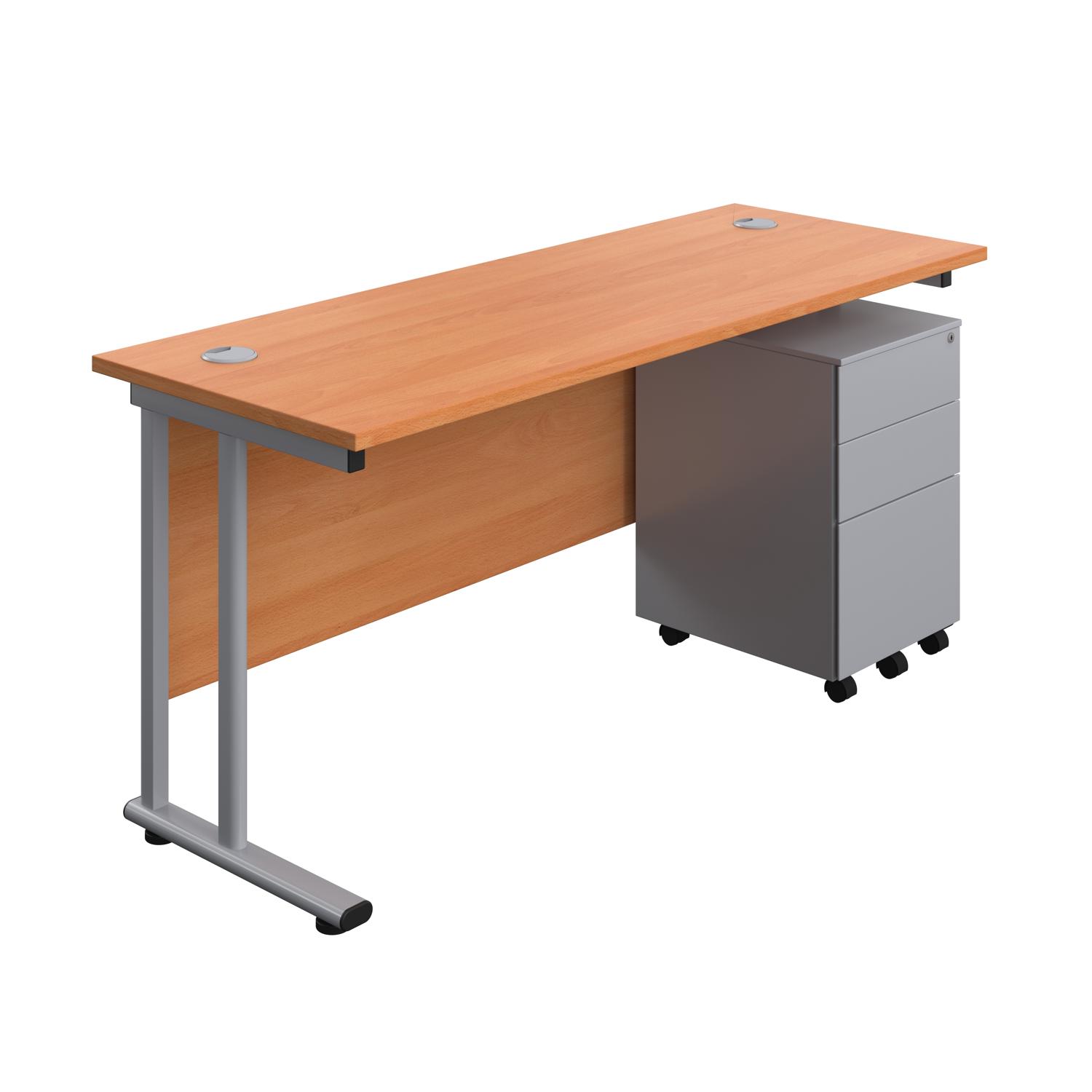 Twin Upright Rectangular Desk + Under Desk Steel Pedestal 3 Drawers  1600X600 Beech/Silver