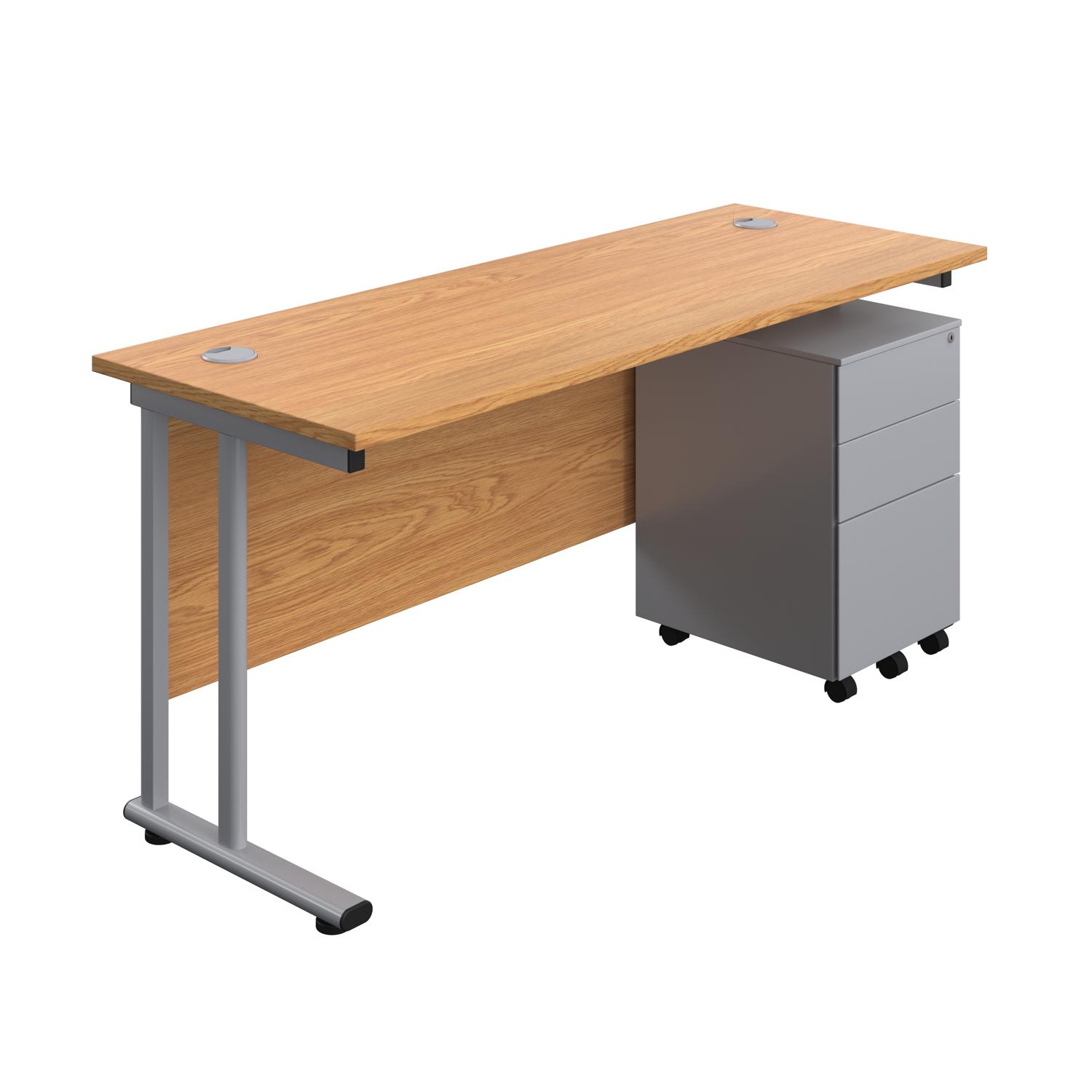 Twin Upright Rectangular Desk + Under Desk Steel Pedestal 3 Drawers  1600X600 Nova Oak/Silver