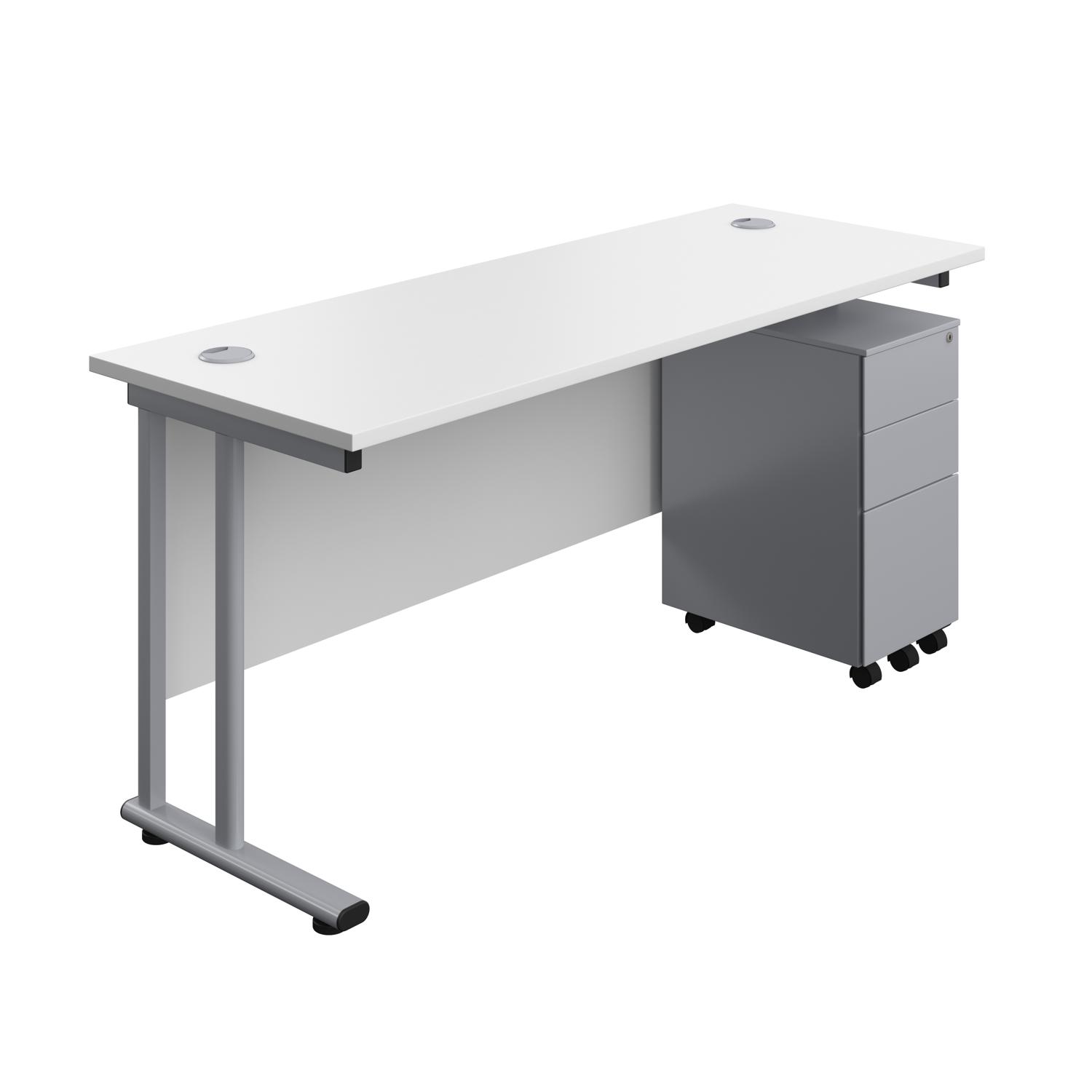 Twin Upright Rectangular Desk + Slimline Steel Pedestal 3 Drawers  1600X600 White/Silver